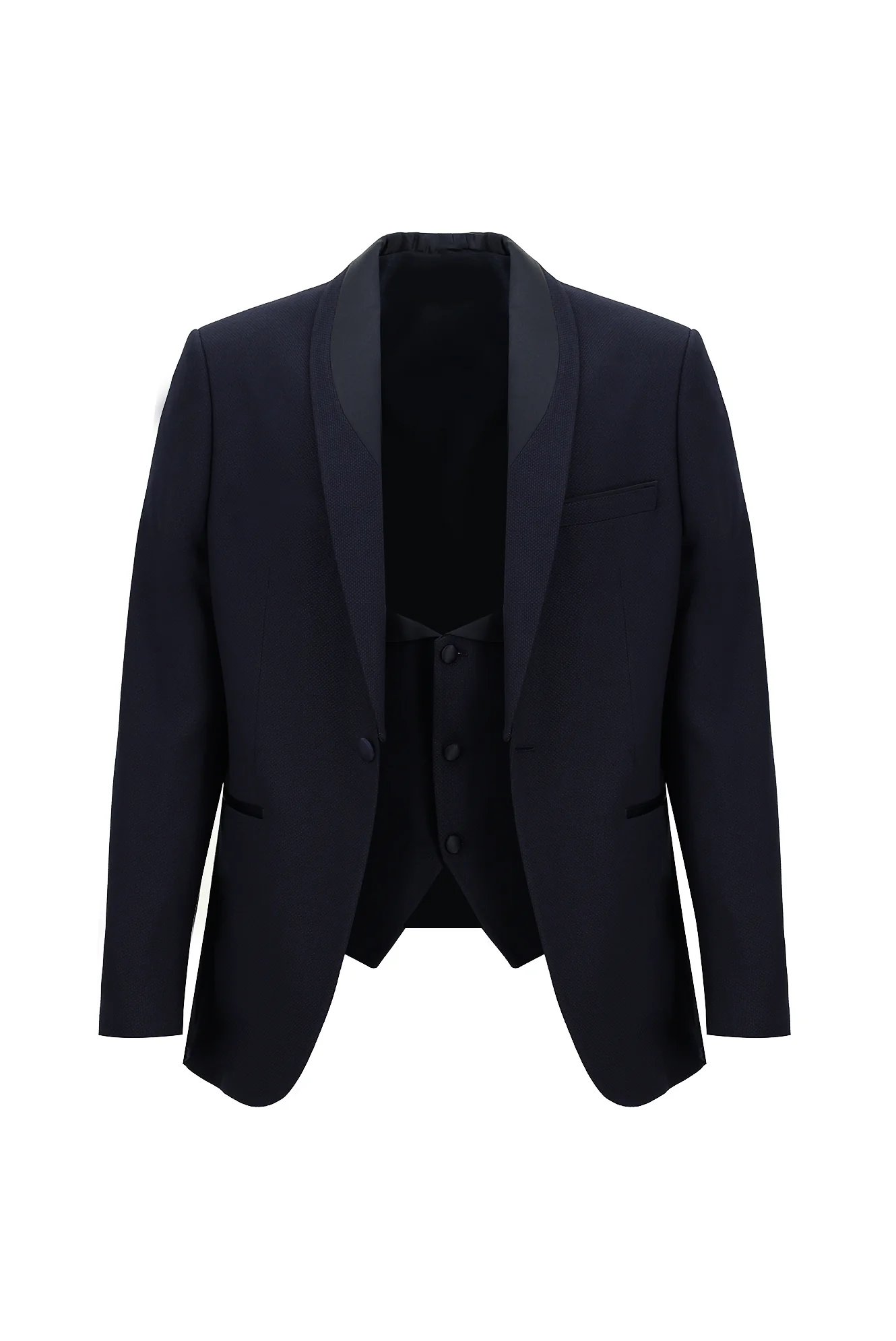 Koyu Lacivert 7 Drop Slim Fit Dar Kesim Şal Yaka Yelekli Smokin & Damatlık - Image 2