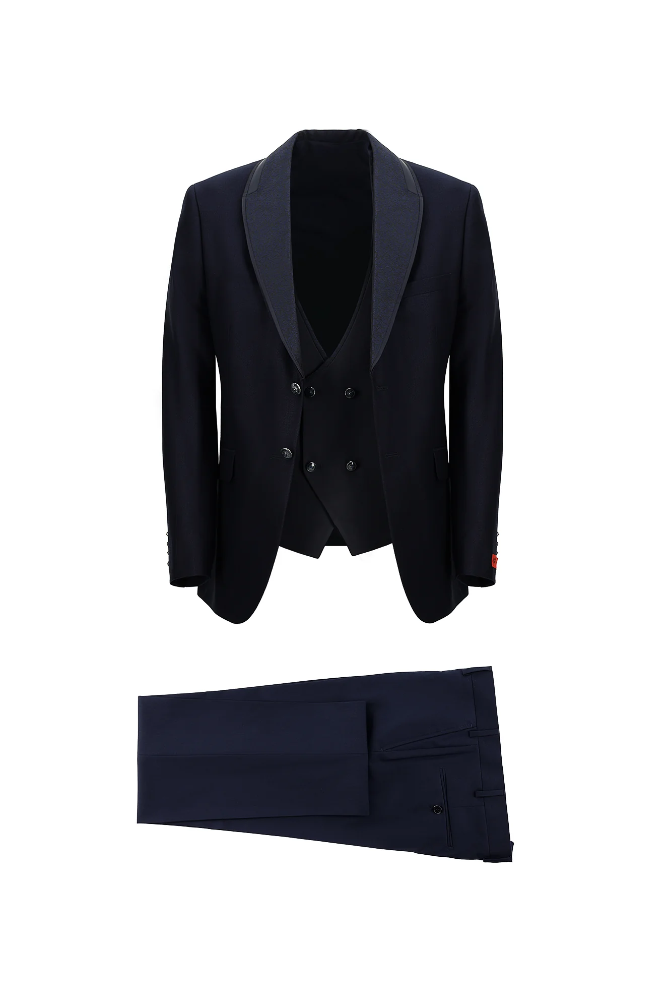 Koyu Lacivert 7 Drop Slim Fit Dar Kesim Şal Yaka Yelekli Smokin & Damatlık