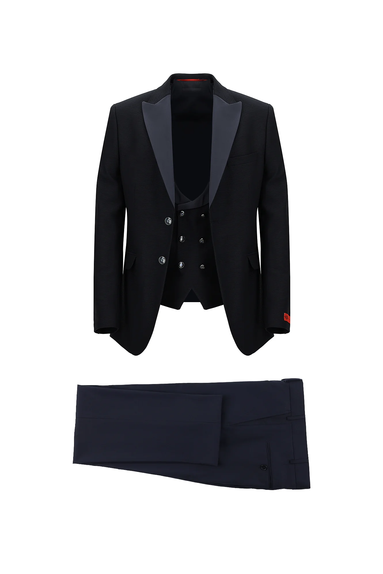 Koyu Lacivert 7 Drop Slim Fit Dar Kesim Şal Yaka Yelekli Smokin & Damatlık
