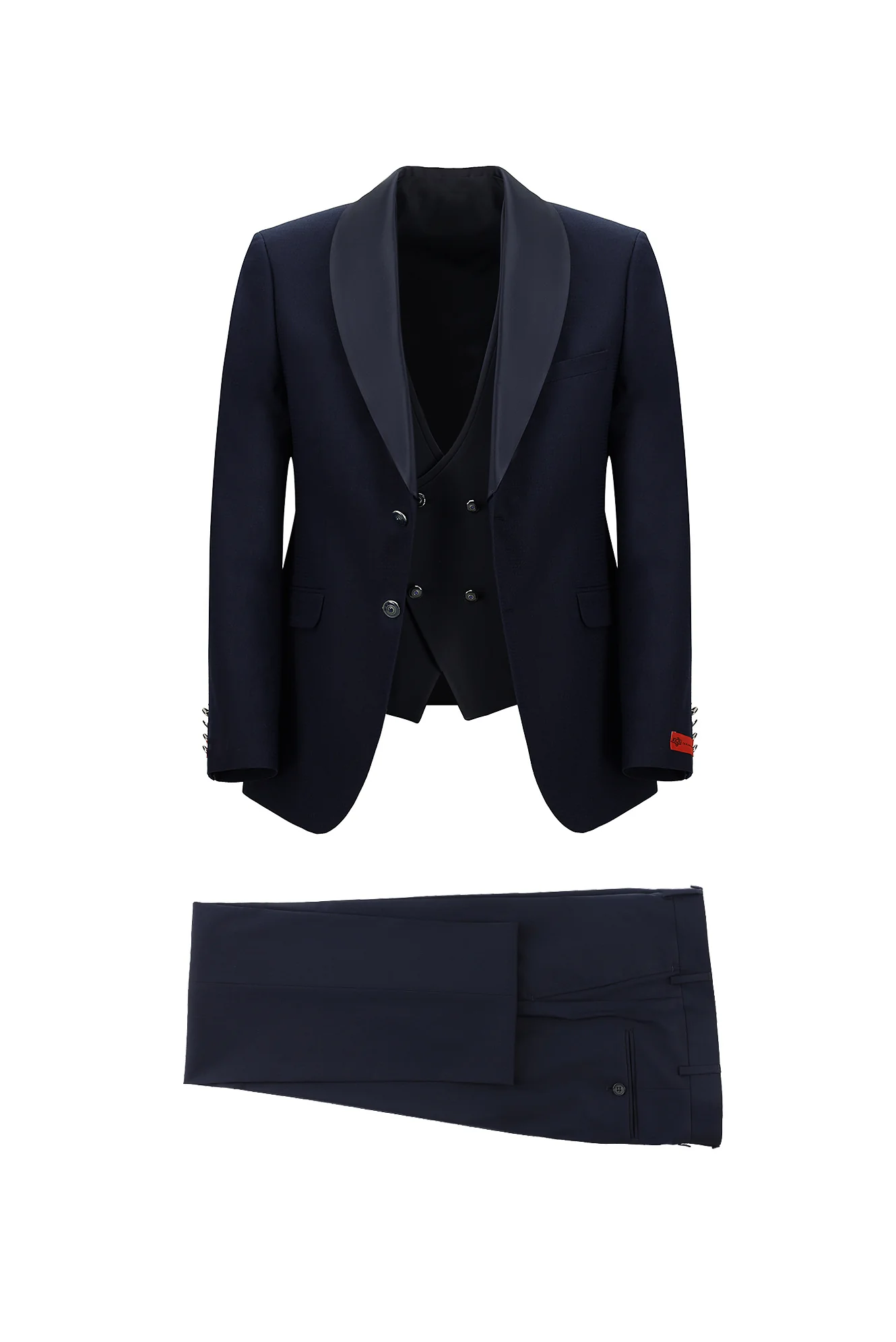 Koyu Lacivert 7 Drop Slim Fit Dar Kesim Şal Yaka Yelekli Smokin & Damatlık