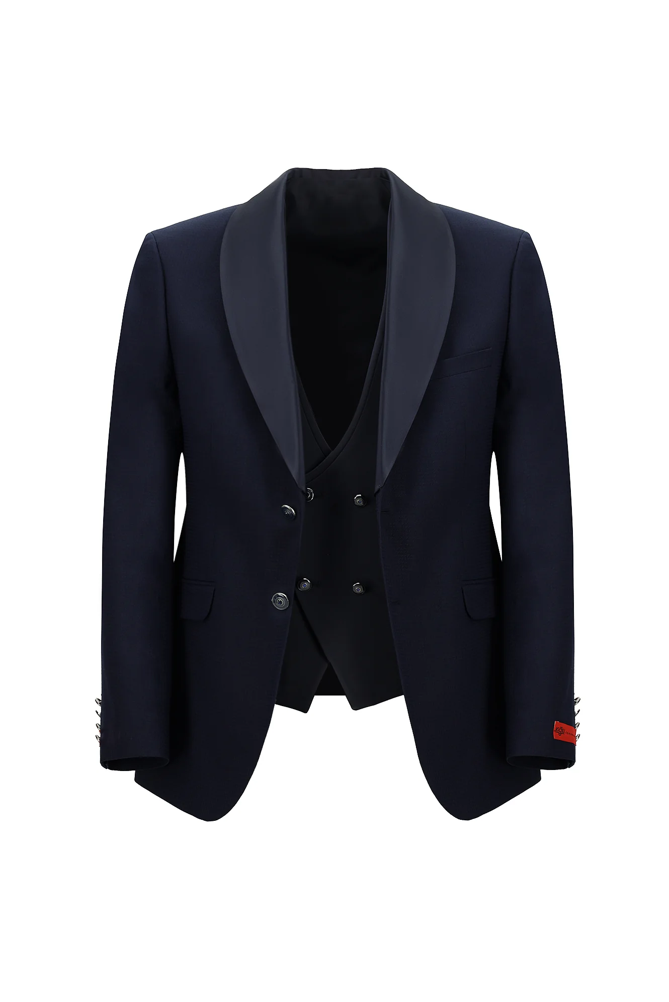 Koyu Lacivert 7 Drop Slim Fit Dar Kesim Şal Yaka Yelekli Smokin & Damatlık - Image 2