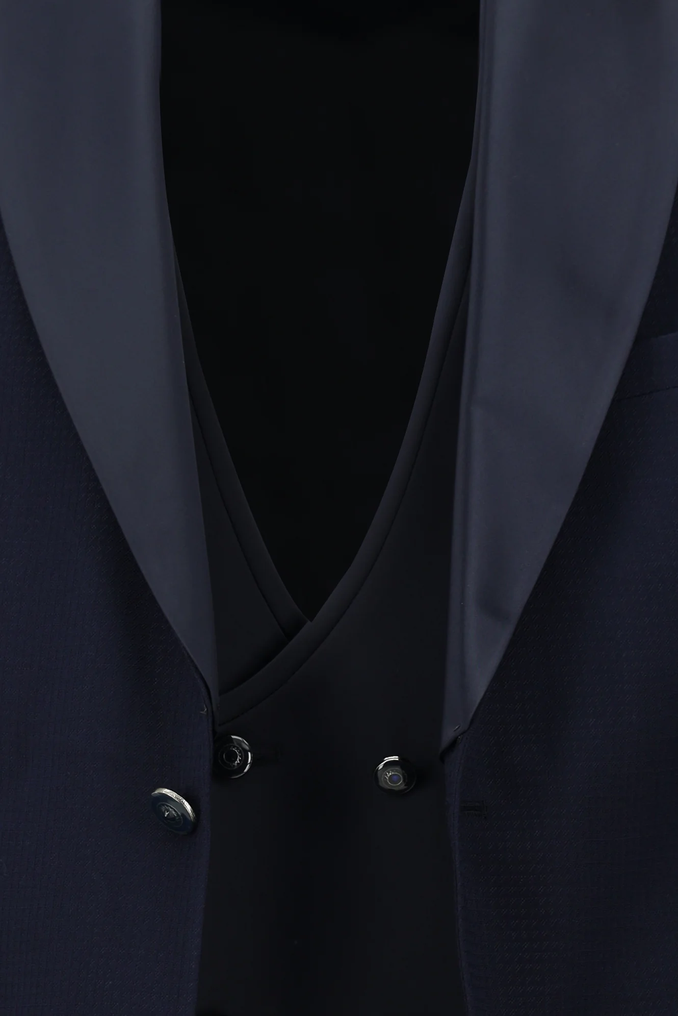 Koyu Lacivert 7 Drop Slim Fit Dar Kesim Şal Yaka Yelekli Smokin & Damatlık - Image 6