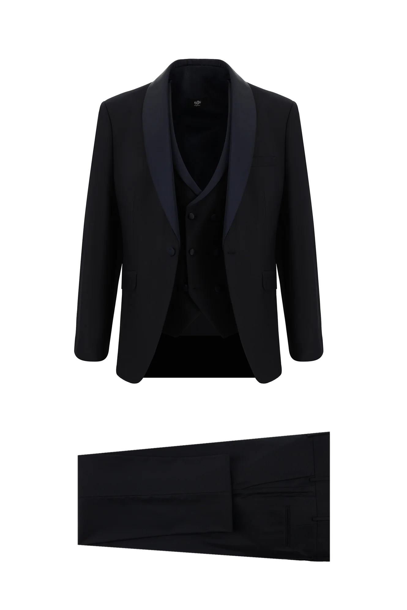 Koyu Lacivert 7 Drop Slim Fit Dar Kesim Şal Yaka Yelekli Yünlü Smokin & Damatlık