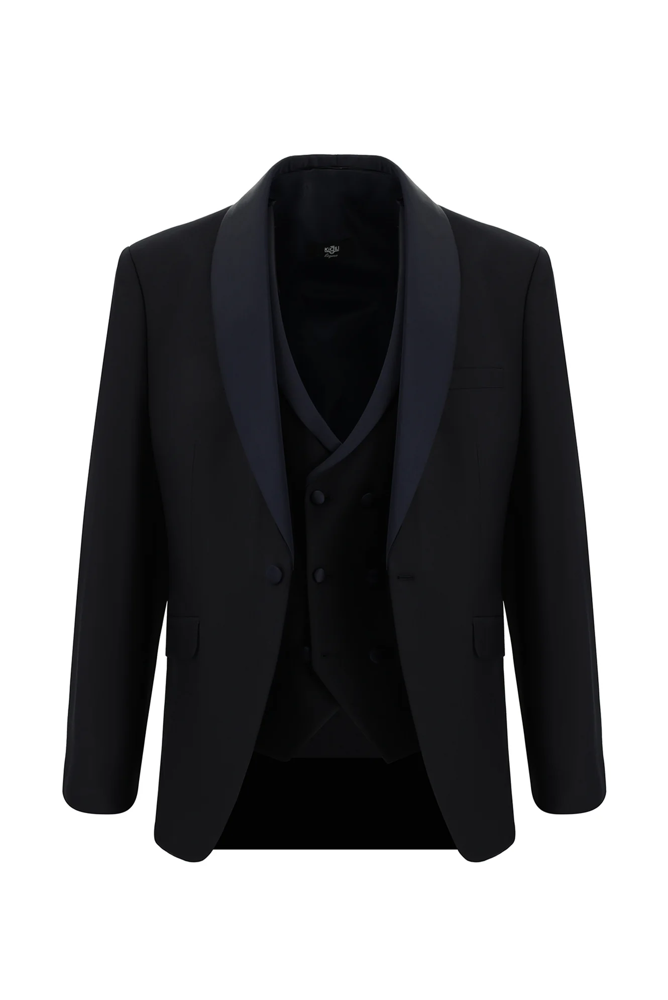Koyu Lacivert 7 Drop Slim Fit Dar Kesim Şal Yaka Yelekli Yünlü Smokin & Damatlık - Image 2