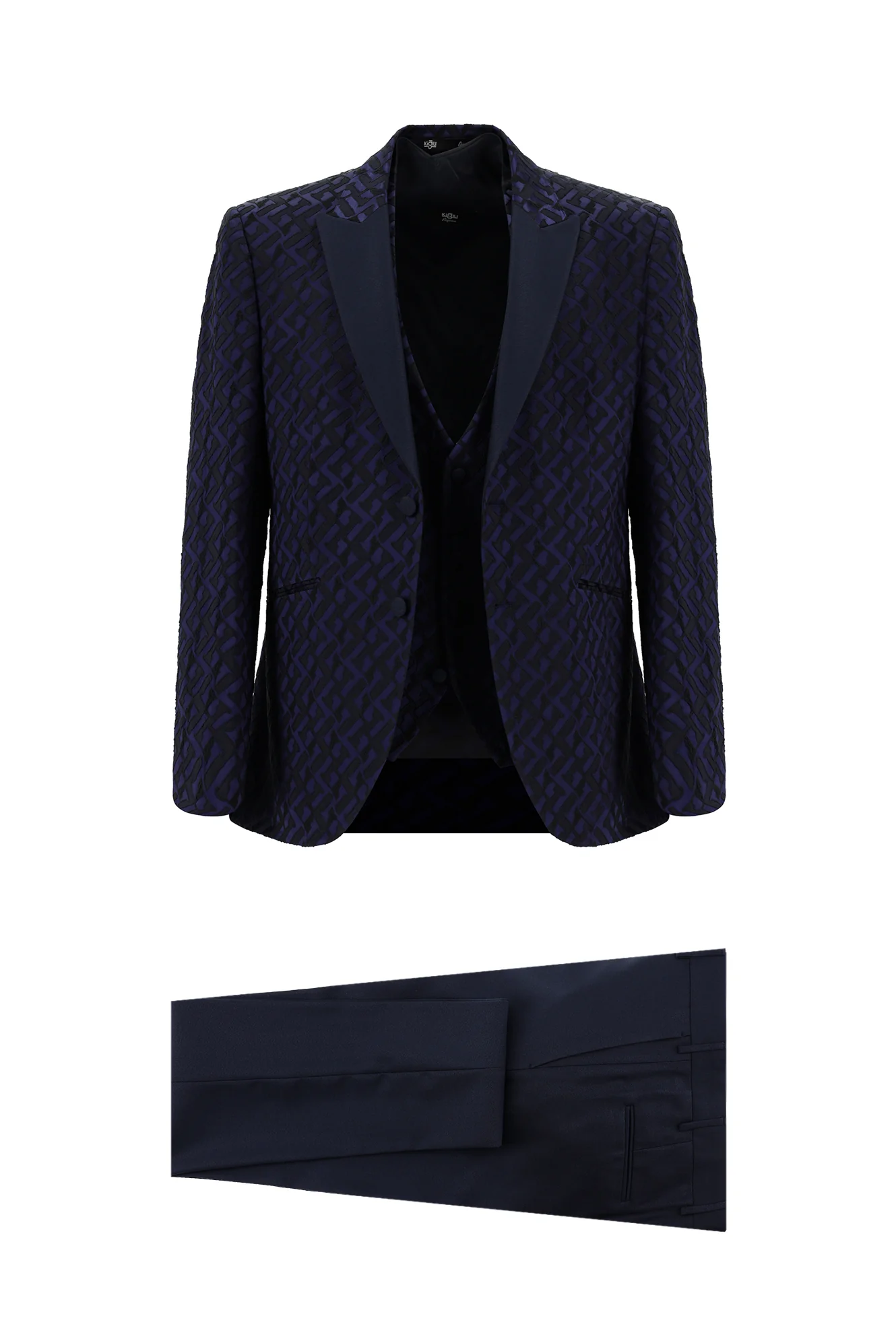 Koyu Lacivert 7 Drop Slim Fit Dar Kesim Sivri Yaka Desenli Yelekli Smokin & Damatlık