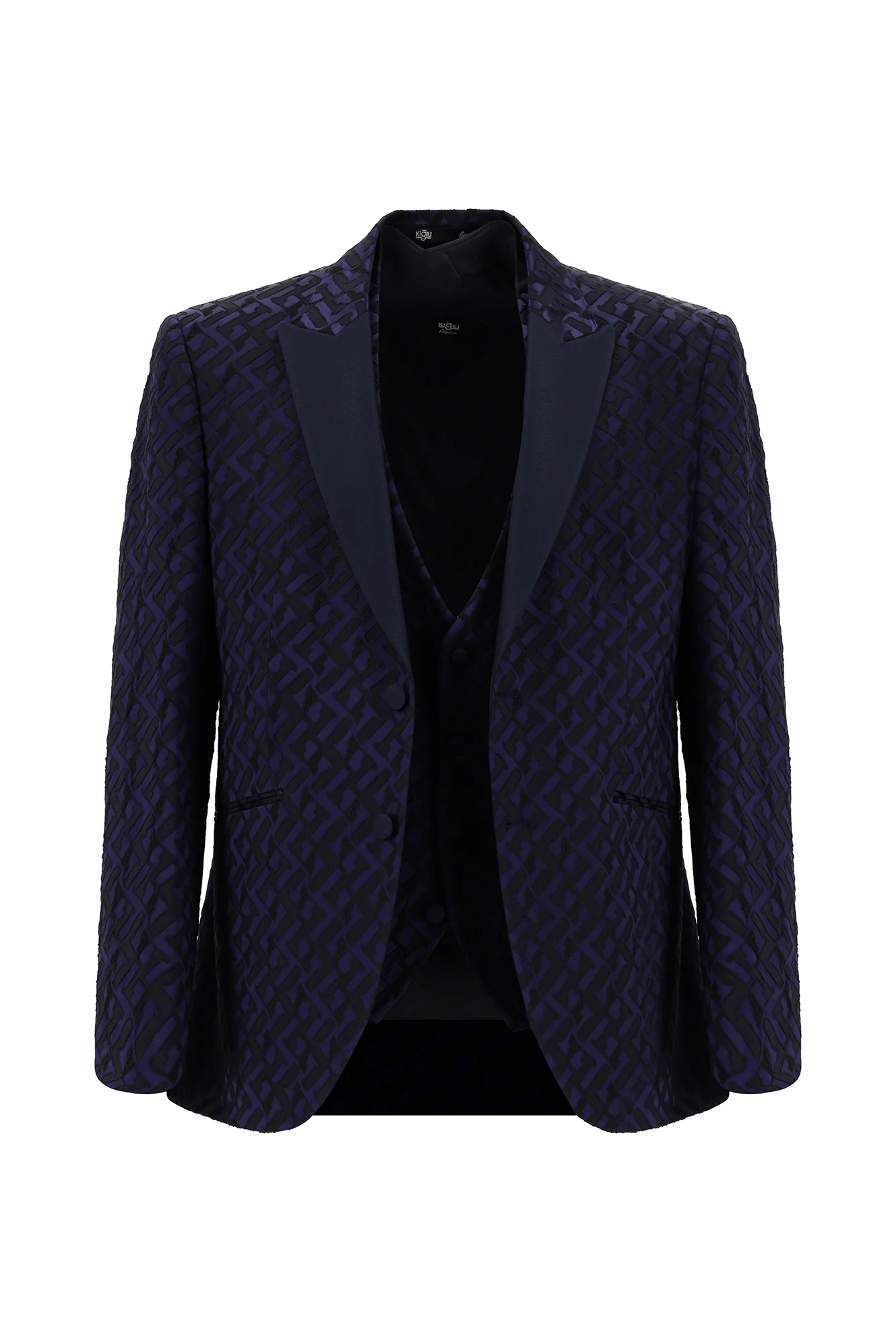 Koyu Lacivert 7 Drop Slim Fit Dar Kesim Sivri Yaka Desenli Yelekli Smokin & Damatlık - Image 2