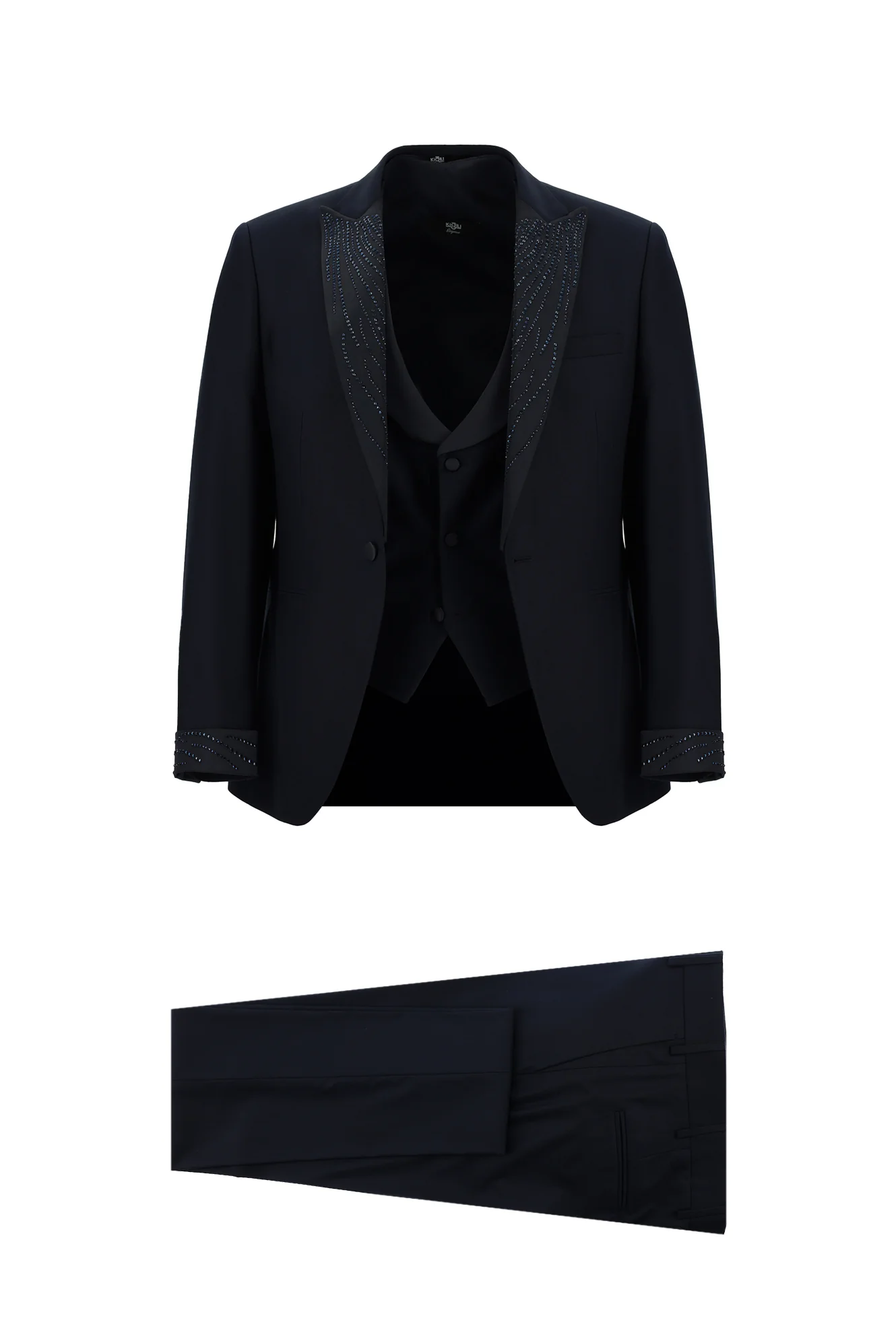 Koyu Lacivert 7 Drop Slim Fit Dar Kesim Sivri Yaka Yelekli Smokin & Damatlık