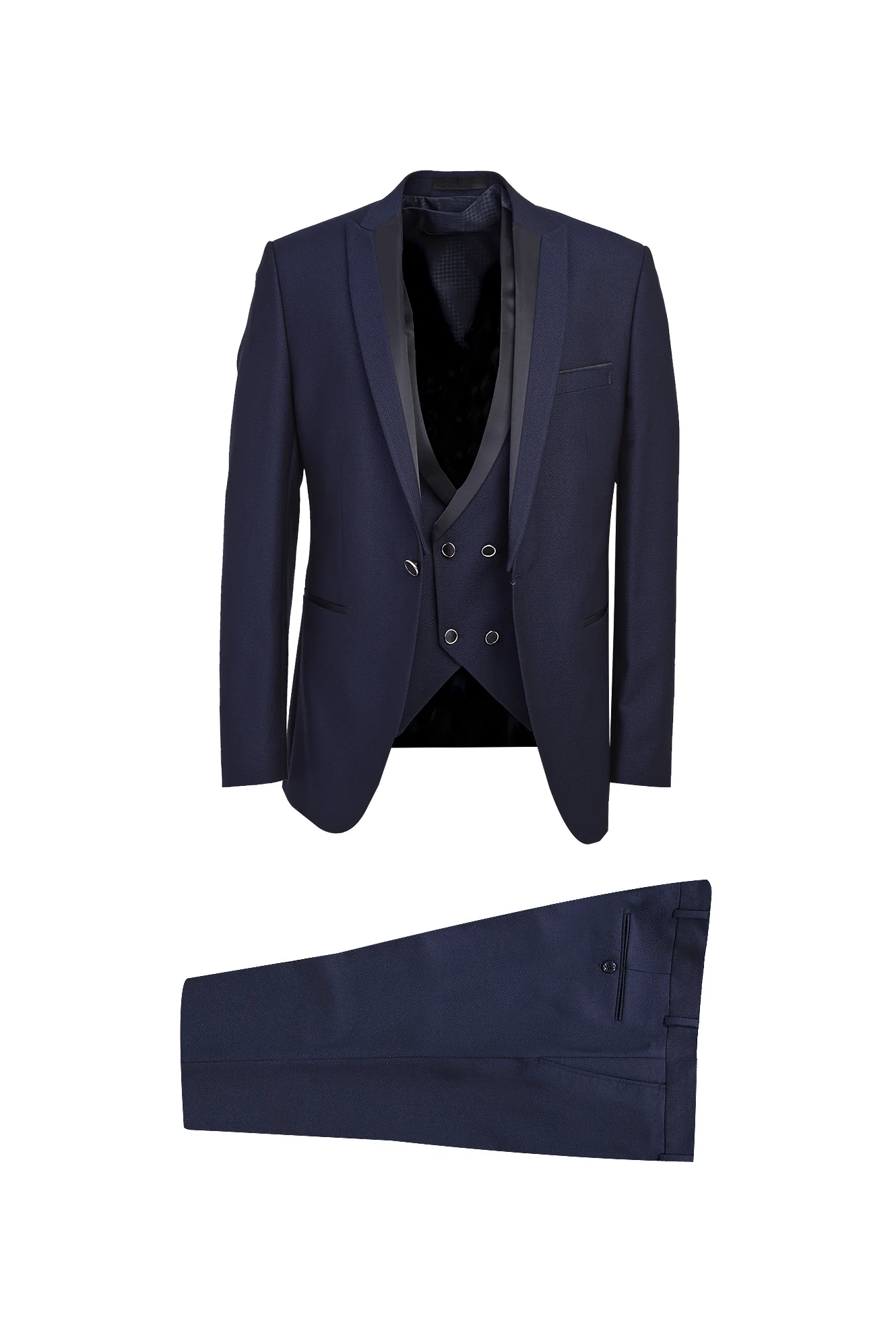 Koyu Lacivert 7 Drop Slim Fit Dar Kesim Sivri Yaka Yelekli Smokin & Damatlık