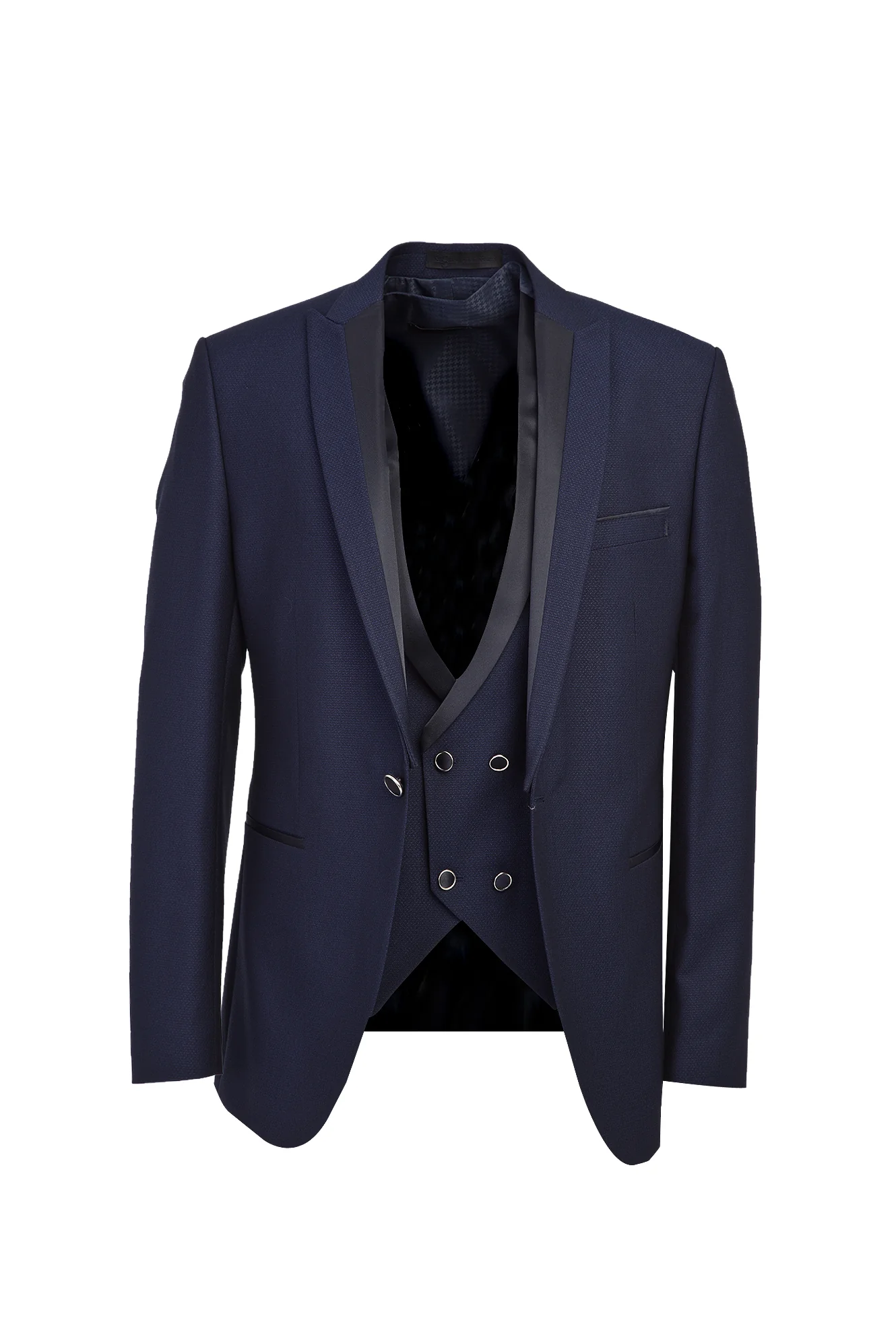 Koyu Lacivert 7 Drop Slim Fit Dar Kesim Sivri Yaka Yelekli Smokin & Damatlık - Image 2