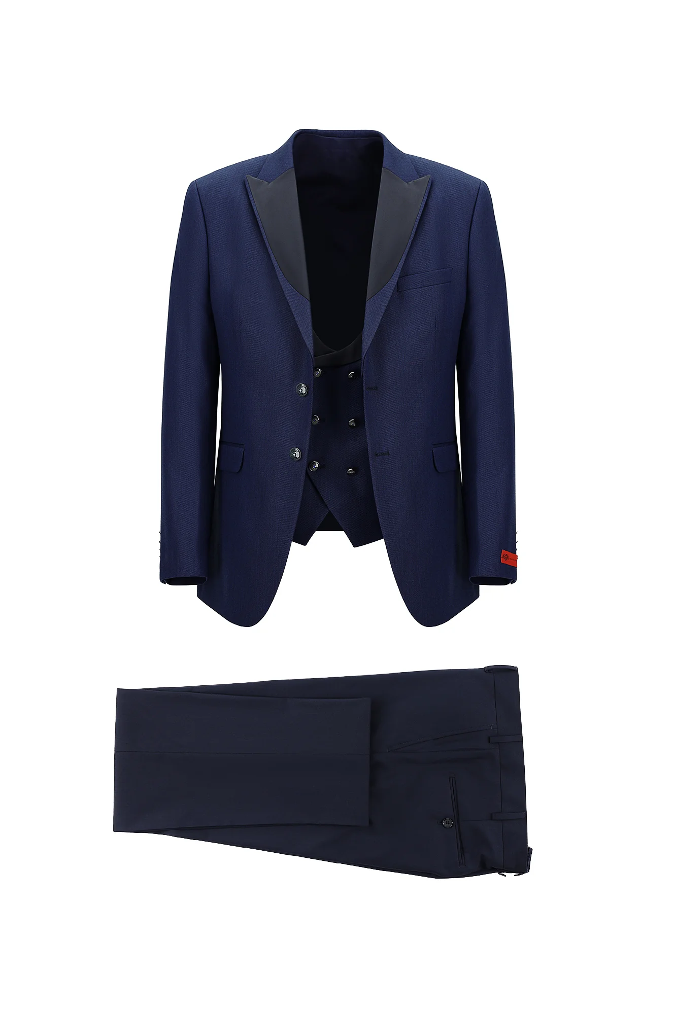 Koyu Lacivert 7 Drop Slim Fit Dar Kesim Sivri Yaka Yelekli Smokin & Damatlık