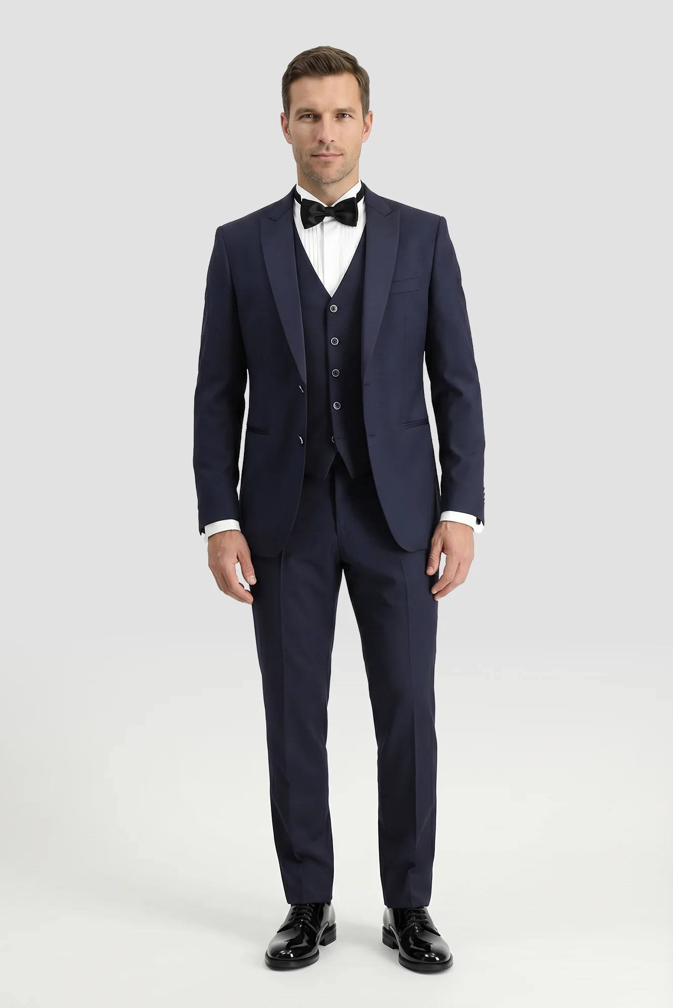 Koyu Lacivert 7 Drop Slim Fit Dar Kesim Sivri Yaka Yelekli Smokin & Damatlık