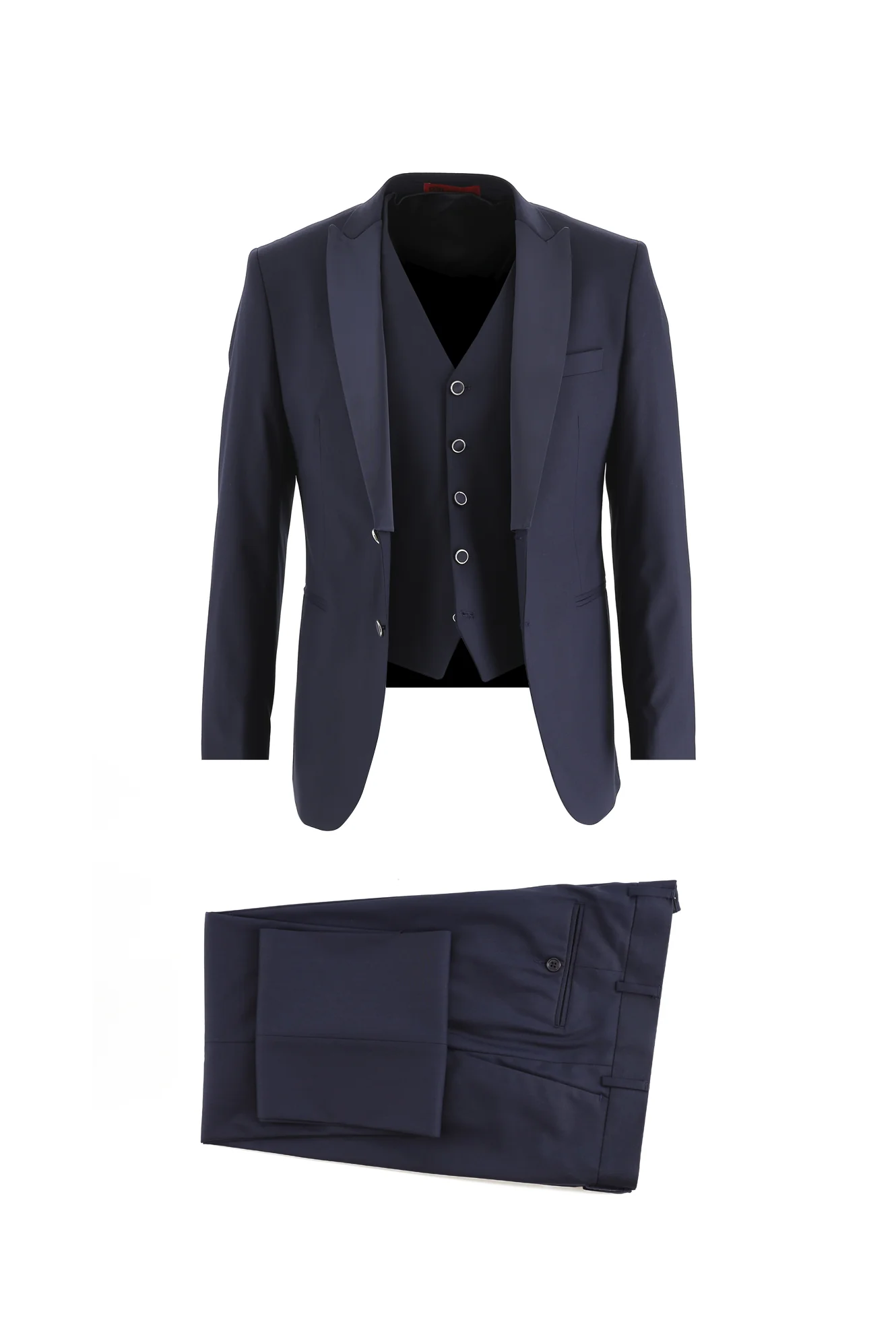 Koyu Lacivert 7 Drop Slim Fit Dar Kesim Sivri Yaka Yelekli Smokin & Damatlık - Image 4