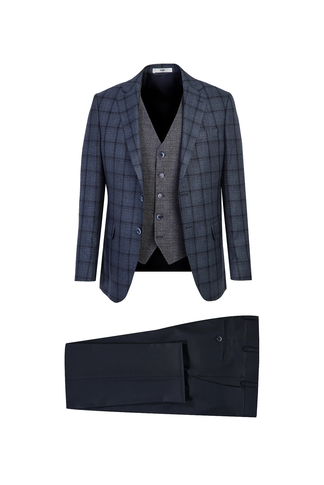 Koyu Lacivert 7 Drop Slim Fit Dar Kesim Yelekli Desenli Kombinli Takım Elbise