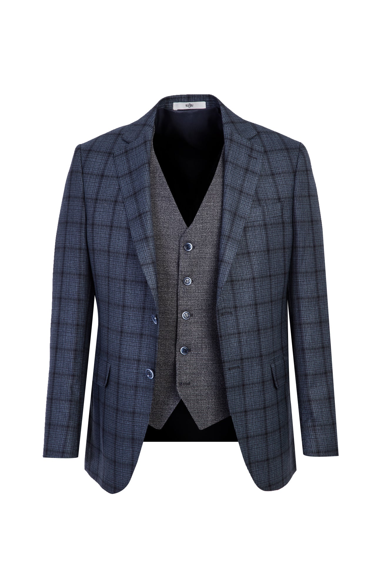 Koyu Lacivert 7 Drop Slim Fit Dar Kesim Yelekli Desenli Kombinli Takım Elbise - Image 2