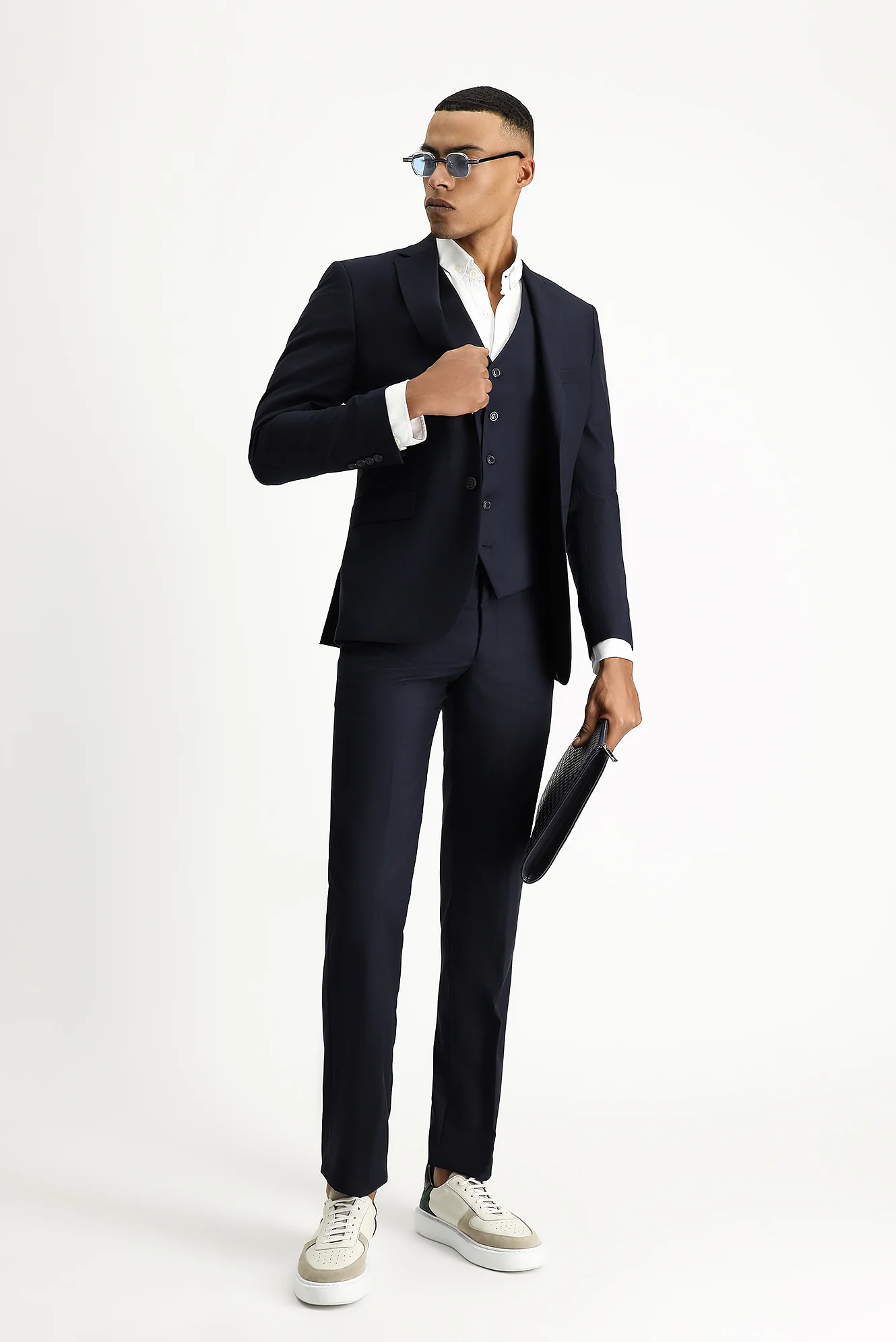 Koyu Lacivert 7 Drop Slim Fit Dar Kesim Yelekli Takım Elbise