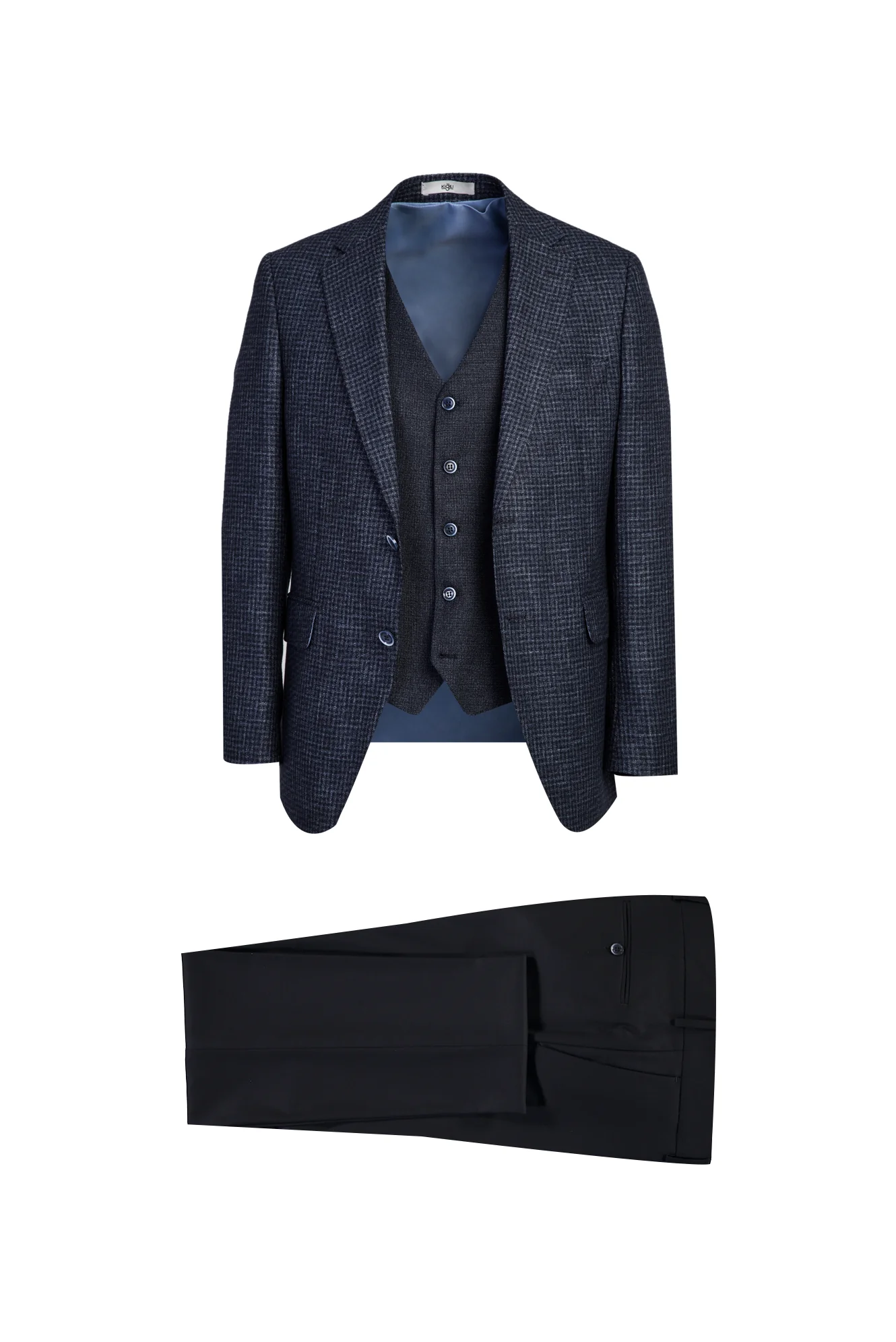 Koyu Lacivert 7 Drop Slim Fit Dar Kesim Yelekli Kombinli Keten Takım Elbise