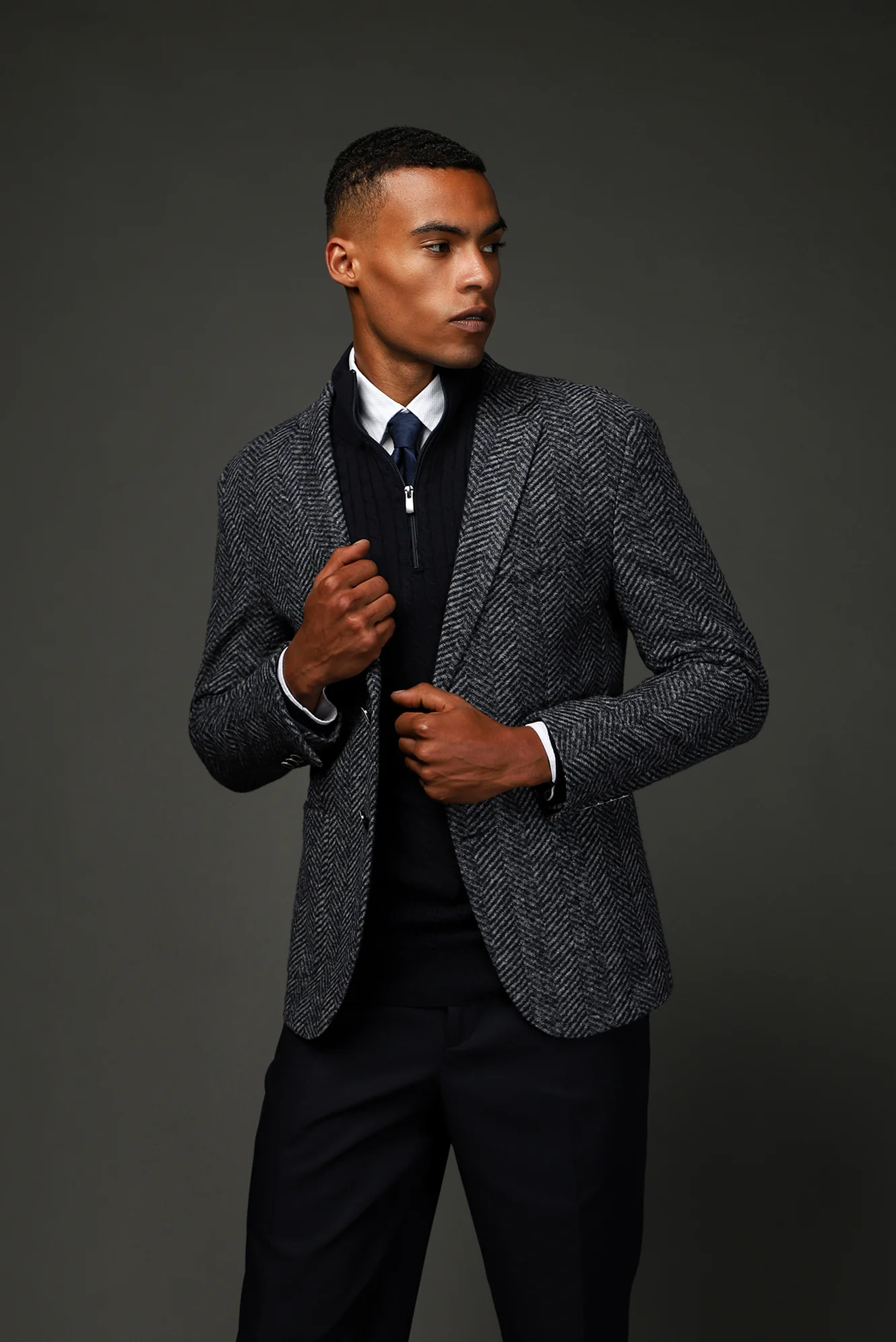 Koyu Lacivert 7 Drop Slim Fit Dar Kesim Yünlü Balıksırtı Spor İtalyan Ceket