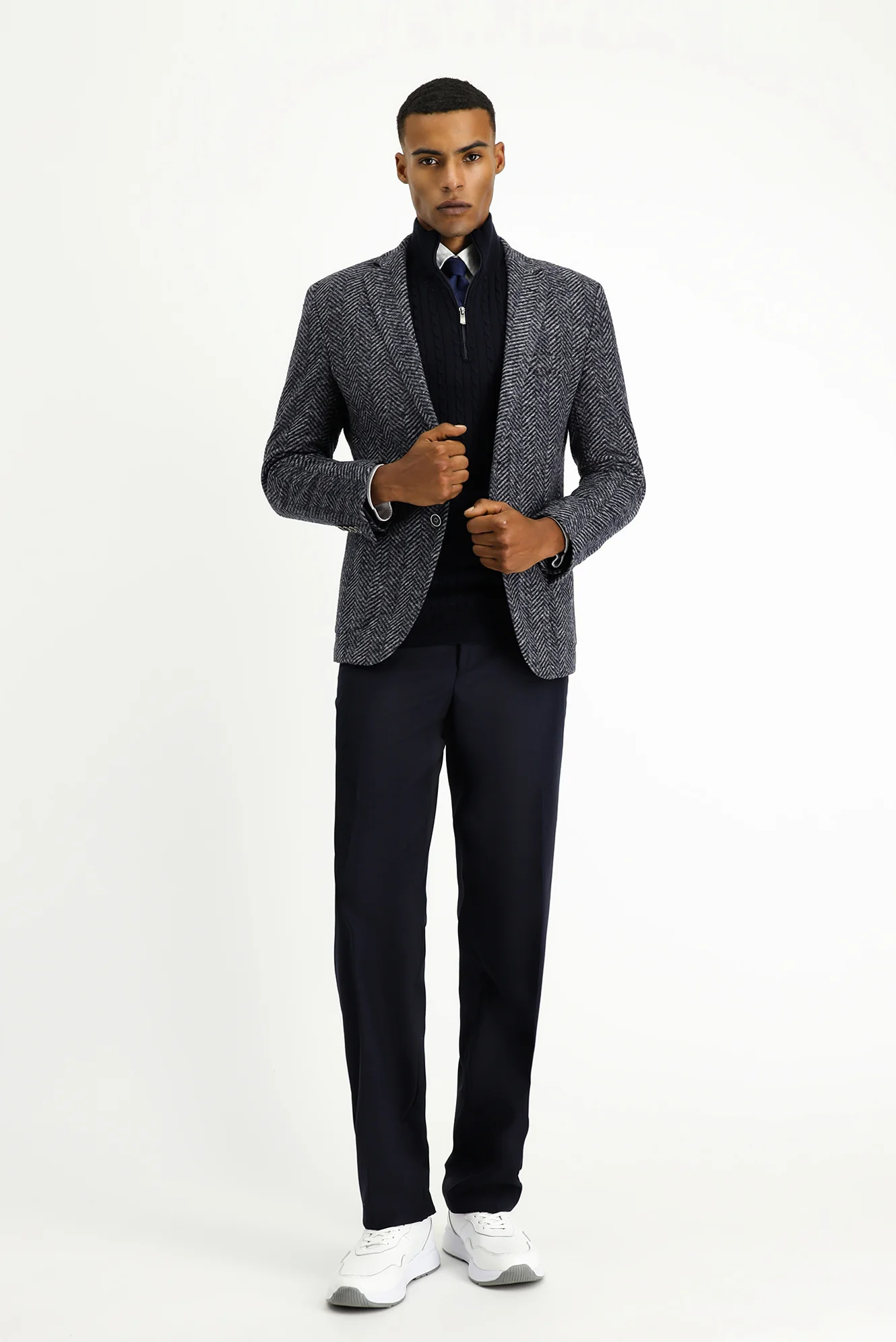 Koyu Lacivert 7 Drop Slim Fit Dar Kesim Yünlü Balıksırtı Spor İtalyan Ceket - Image 2
