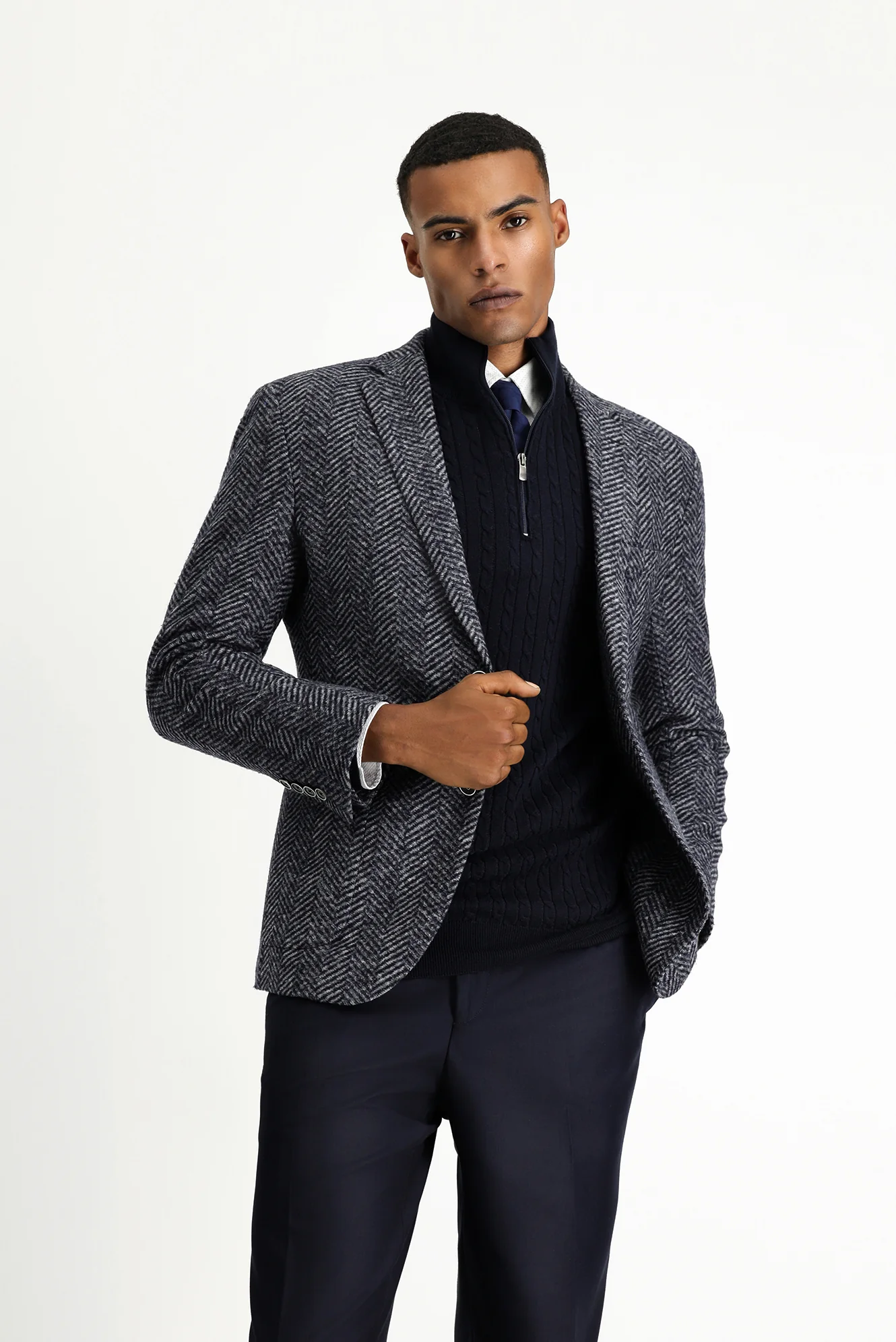 Koyu Lacivert 7 Drop Slim Fit Dar Kesim Yünlü Balıksırtı Spor İtalyan Ceket - Image 3