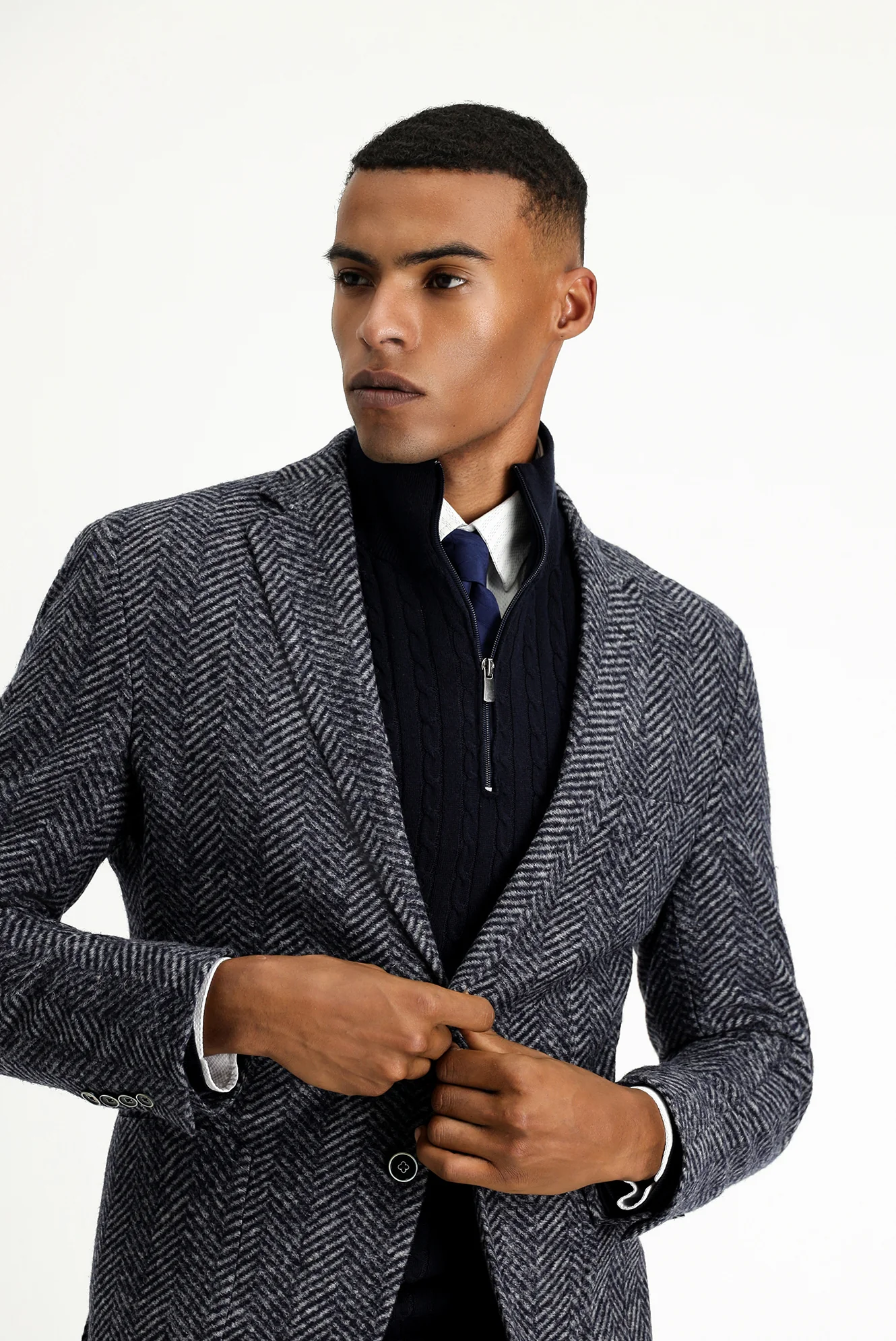 Koyu Lacivert 7 Drop Slim Fit Dar Kesim Yünlü Balıksırtı Spor İtalyan Ceket - Image 4