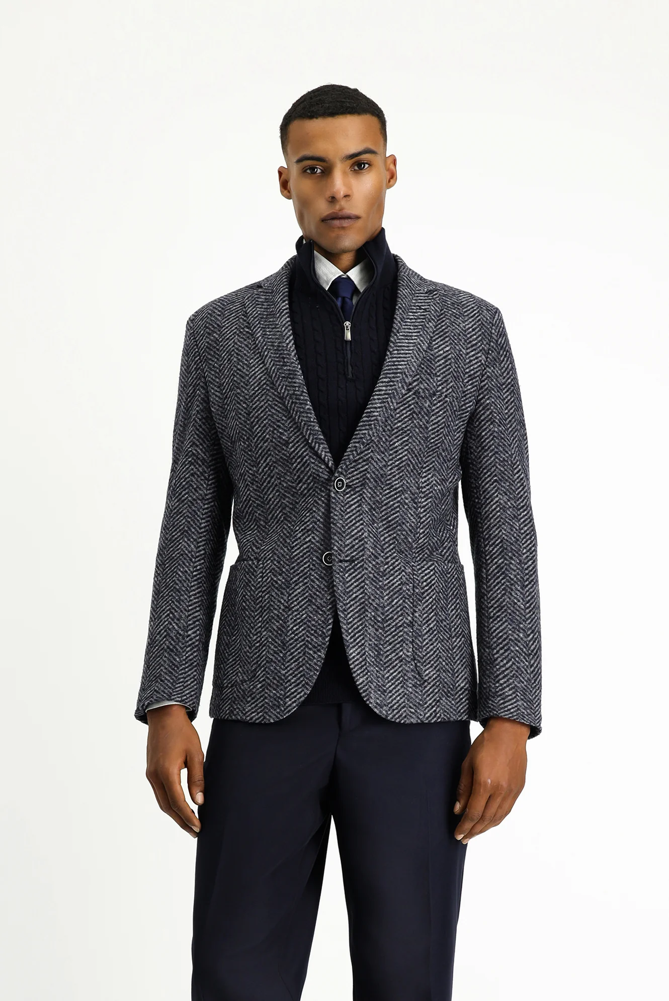 Koyu Lacivert 7 Drop Slim Fit Dar Kesim Yünlü Balıksırtı Spor İtalyan Ceket - Image 5