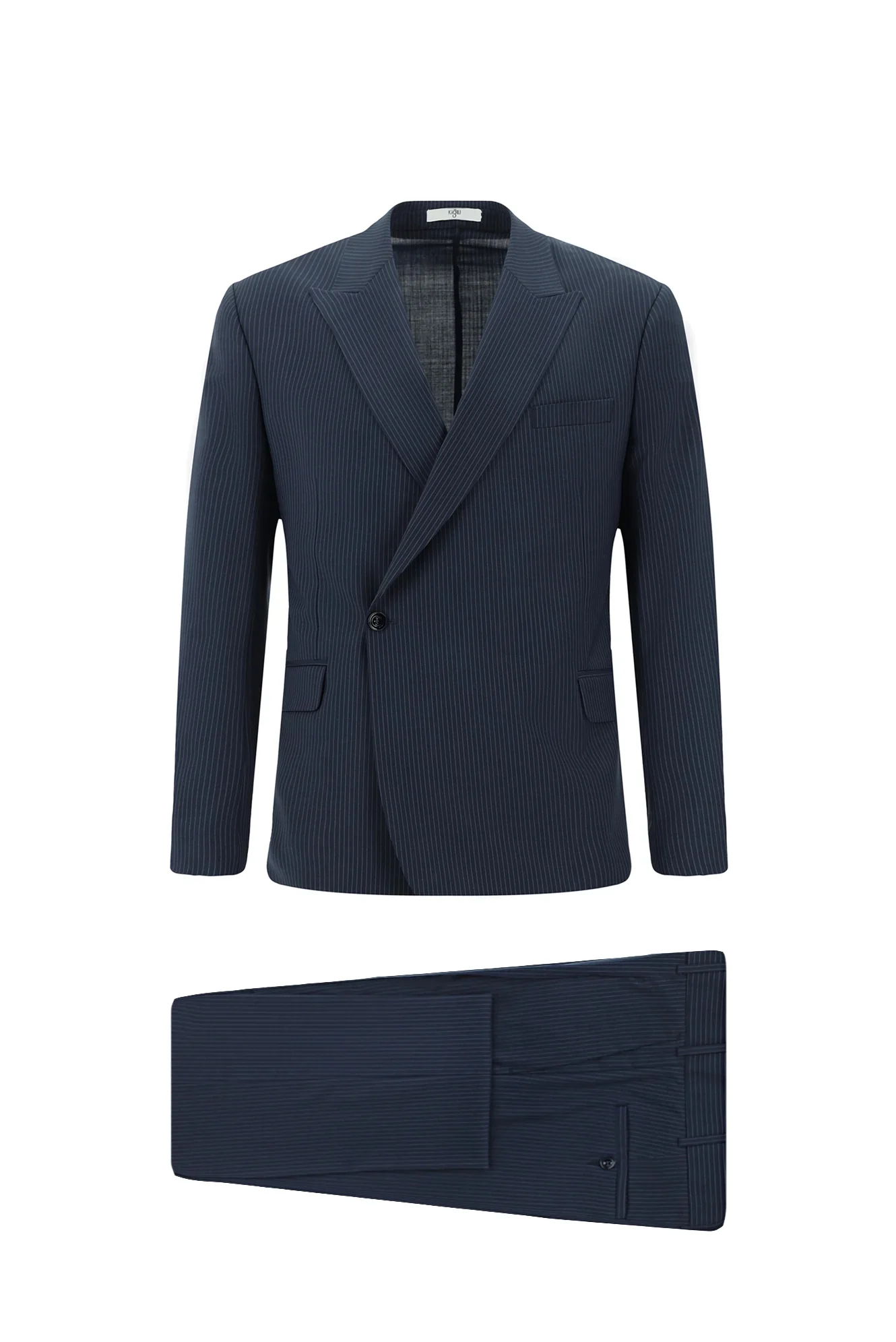 Koyu Lacivert 7 Drop Slim Fit Dar Kesim Yünlü Çizgili Beli Lastikli İpli Kruvaze Takım Elbise