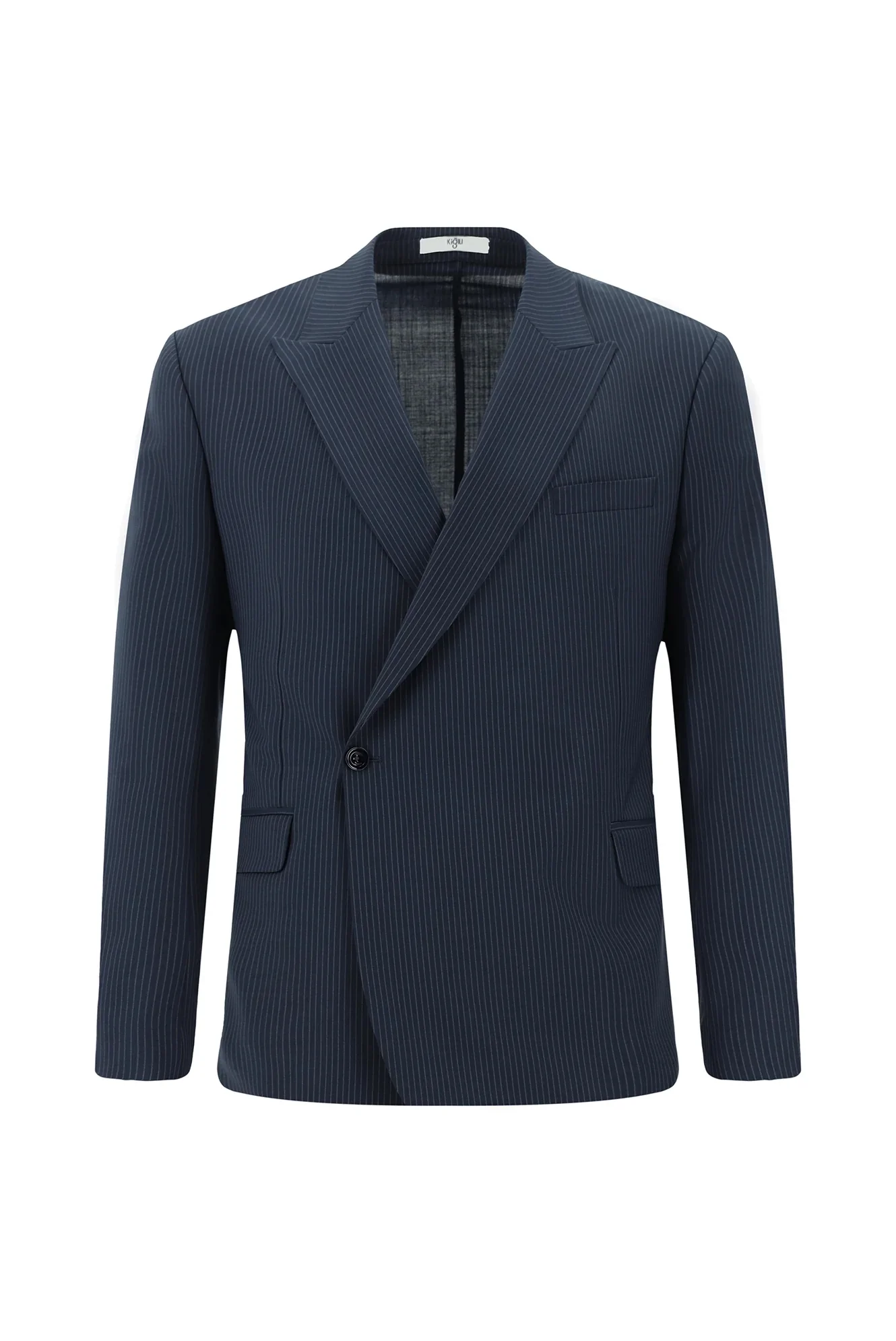 Koyu Lacivert 7 Drop Slim Fit Dar Kesim Yünlü Çizgili Beli Lastikli İpli Kruvaze Takım Elbise - Image 2