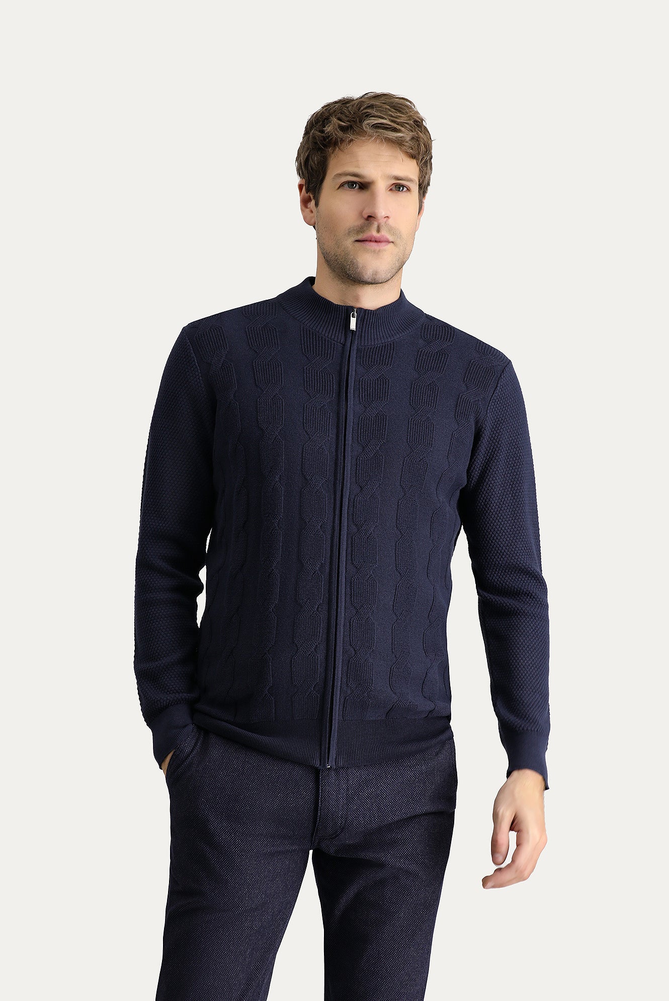 Koyu Lacivert Slim Fit Dar Kesim Yünlü Desenli Pamuklu Triko Hırka - Image 4