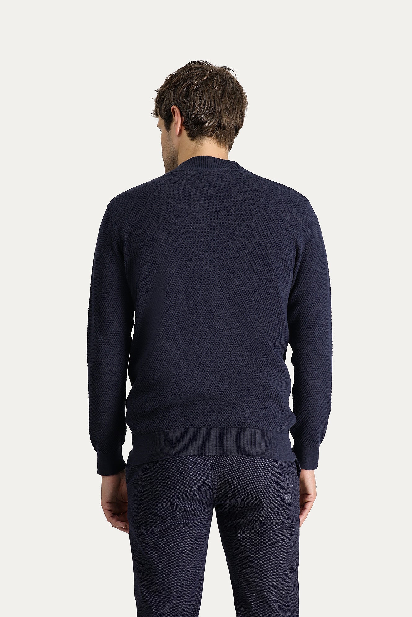 Koyu Lacivert Slim Fit Dar Kesim Yünlü Desenli Pamuklu Triko Hırka - Image 5