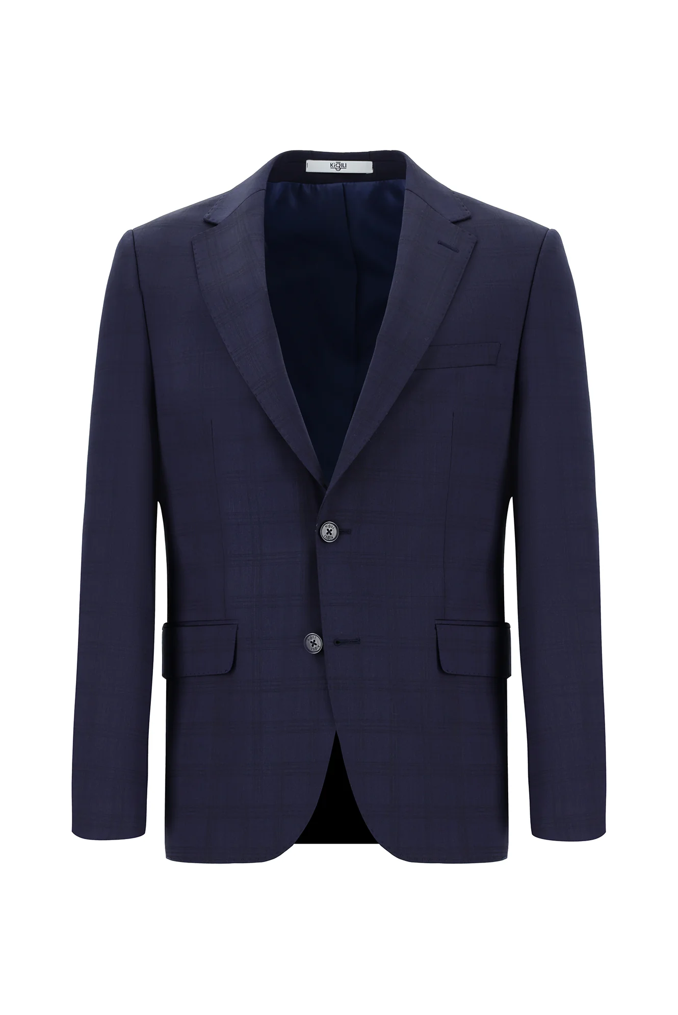 Koyu Lacivert 7 Drop Slim Fit Dar Kesim Yünlü Ekose Takım Elbise - Image 2