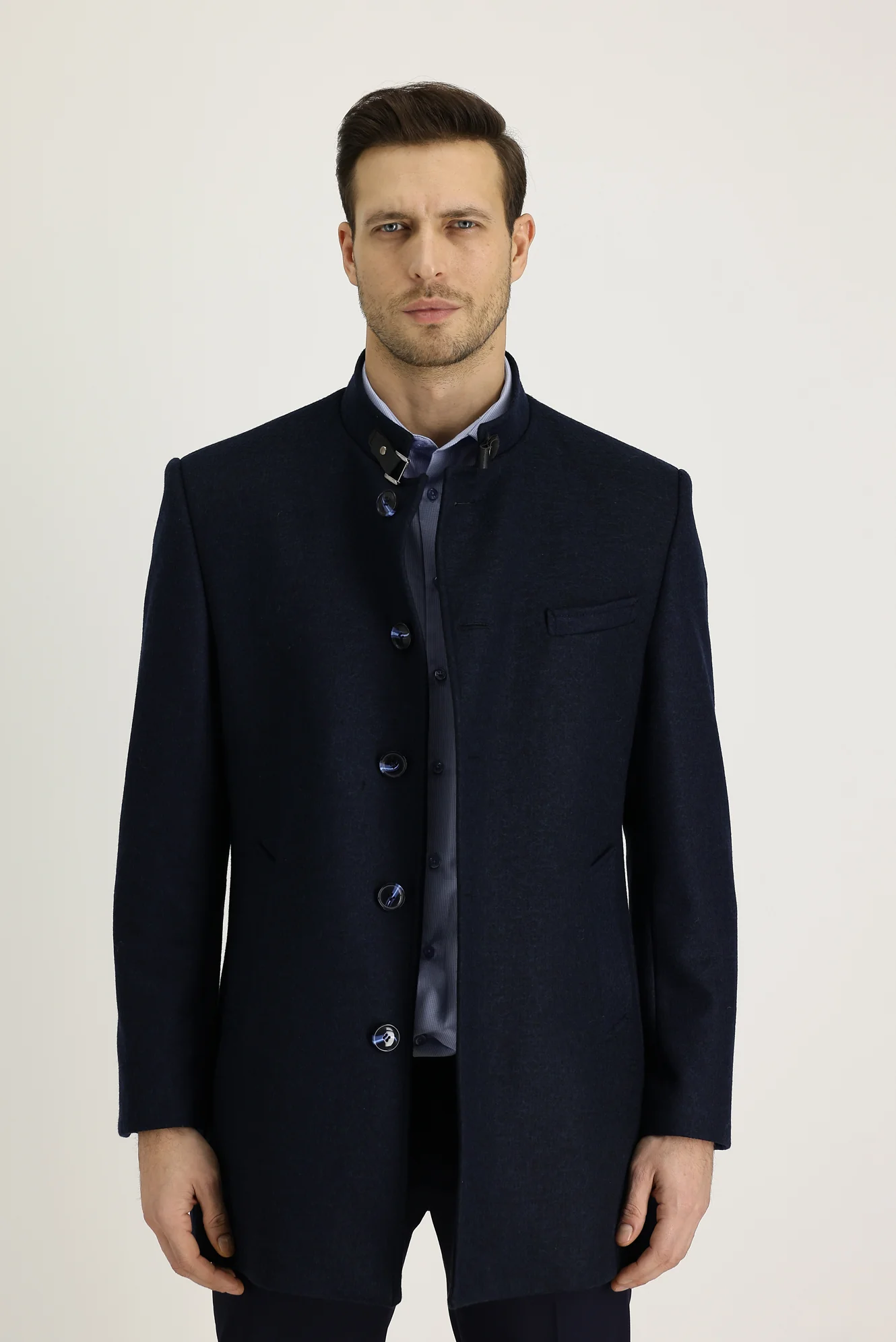 Koyu Lacivert Slim Fit Dar Kesim Yünlü Kaban