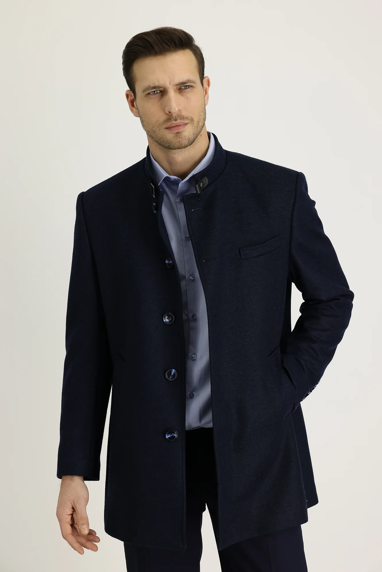 Koyu Lacivert Slim Fit Dar Kesim Yünlü Kaban - Image 2