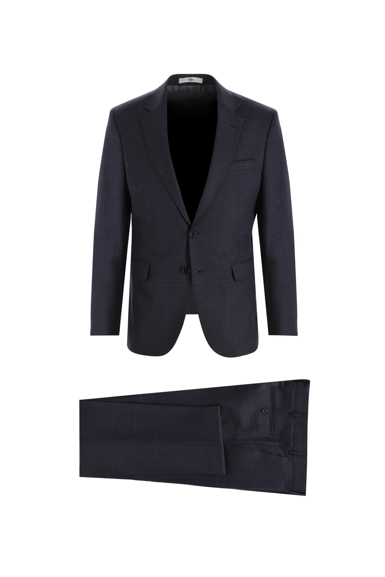 Koyu Lacivert 7 Drop Slim Fit Dar Kesim Yünlü Kareli Takım Elbise