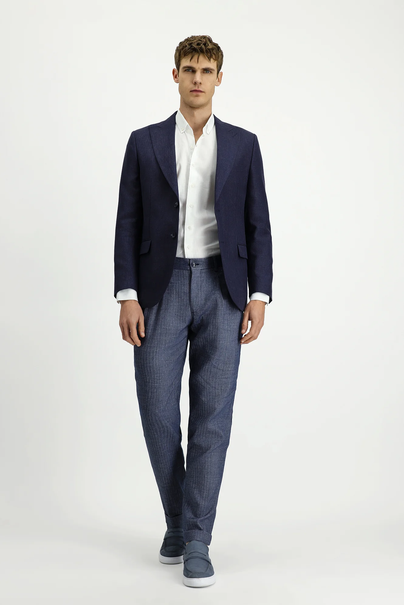Koyu Lacivert 7 Drop Slim Fit Dar Kesim Yünlü Keten Karışımlı Klasik Ceket - Image 2
