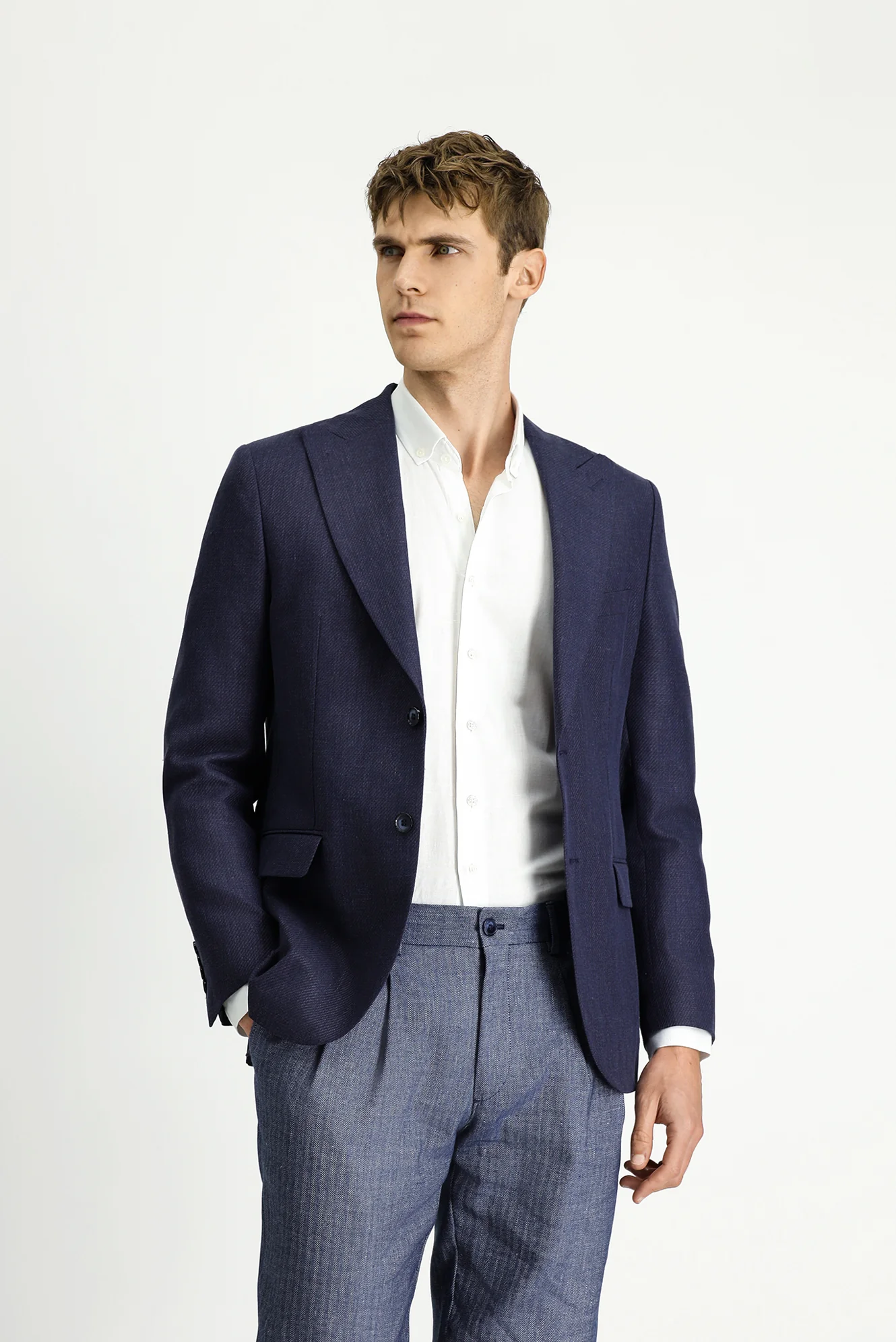 Koyu Lacivert 7 Drop Slim Fit Dar Kesim Yünlü Keten Karışımlı Klasik Ceket - Image 3