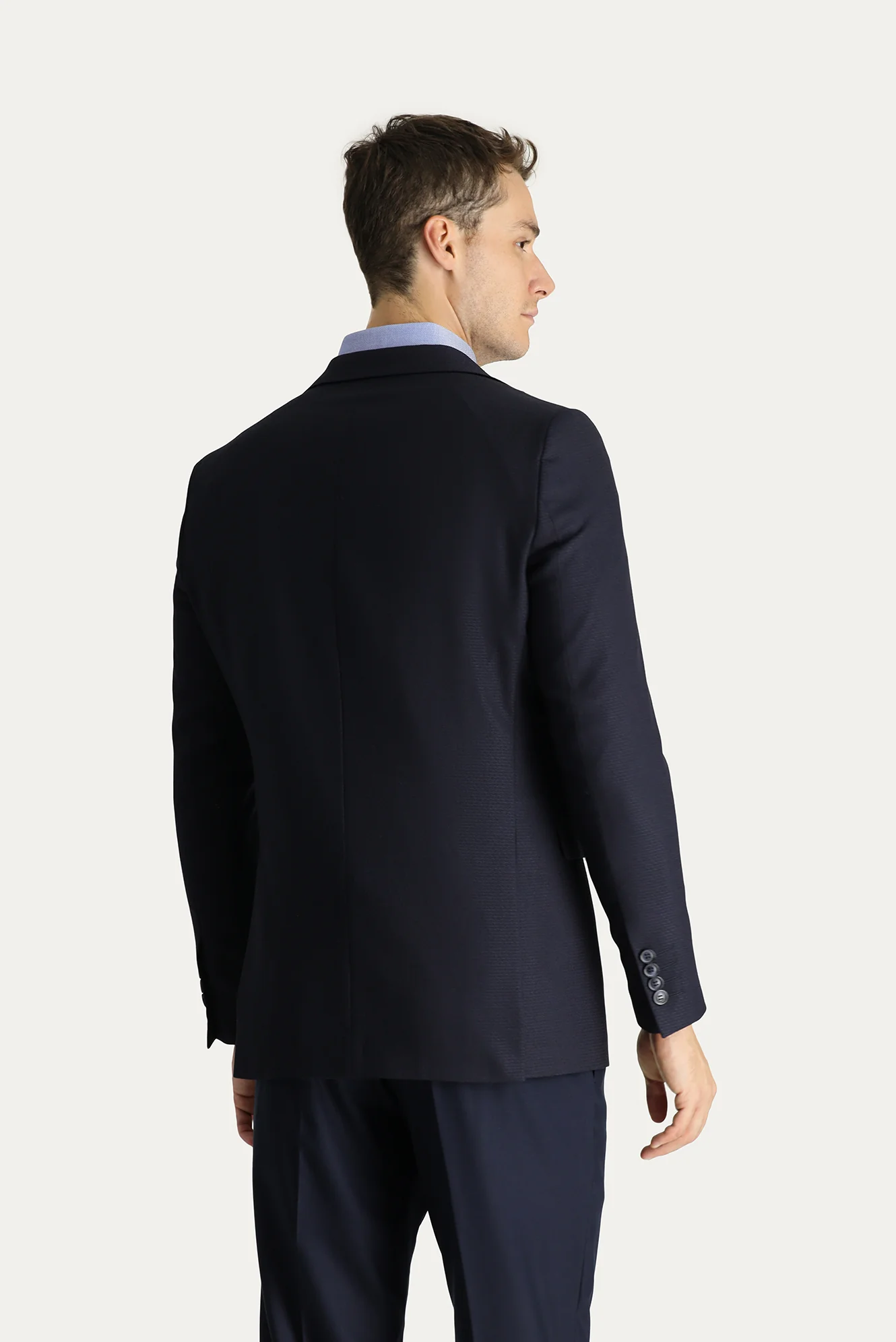 Koyu Lacivert 7 Drop Slim Fit Dar Kesim Yünlü Klasik Desenli Ceket - Image 3