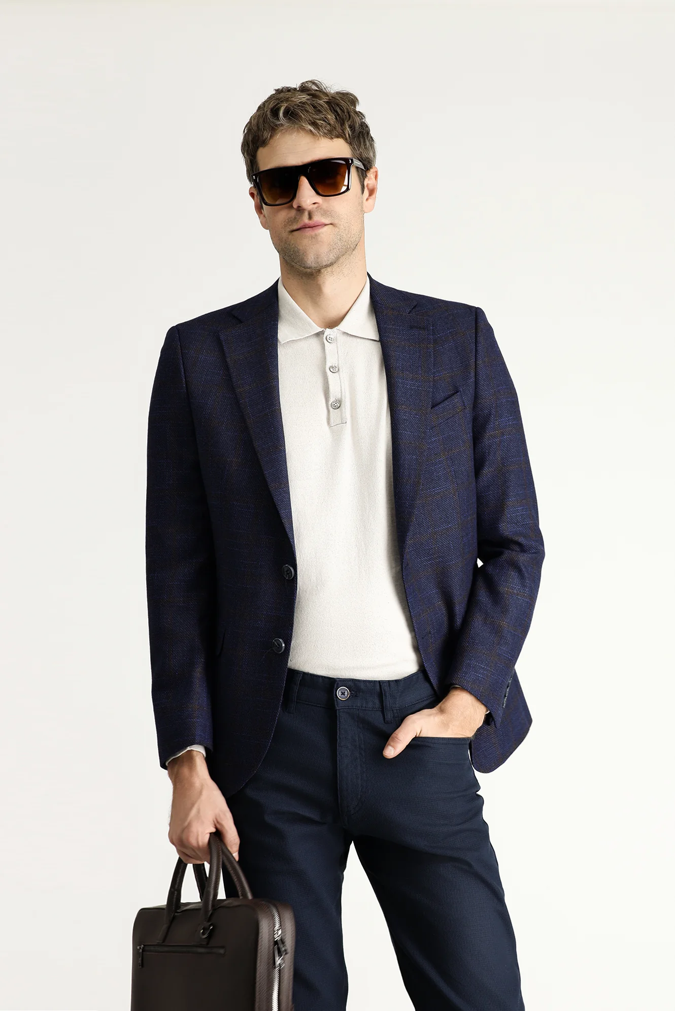 Koyu Lacivert 7 Drop Slim Fit Dar Kesim Yünlü Klasik Kareli Ceket - Image 2