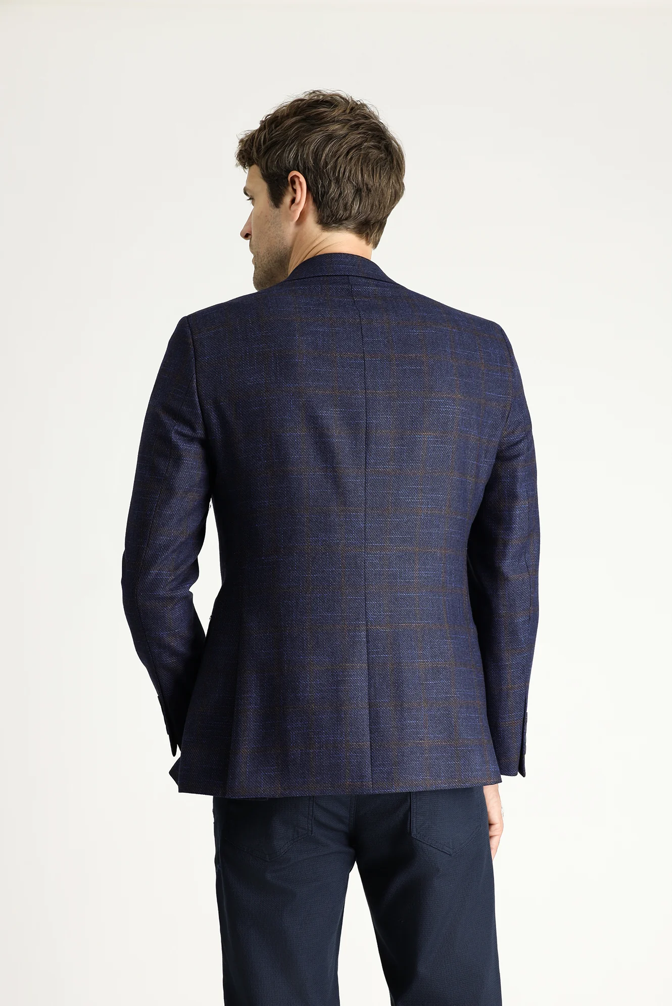 Koyu Lacivert 7 Drop Slim Fit Dar Kesim Yünlü Klasik Kareli Ceket - Image 4