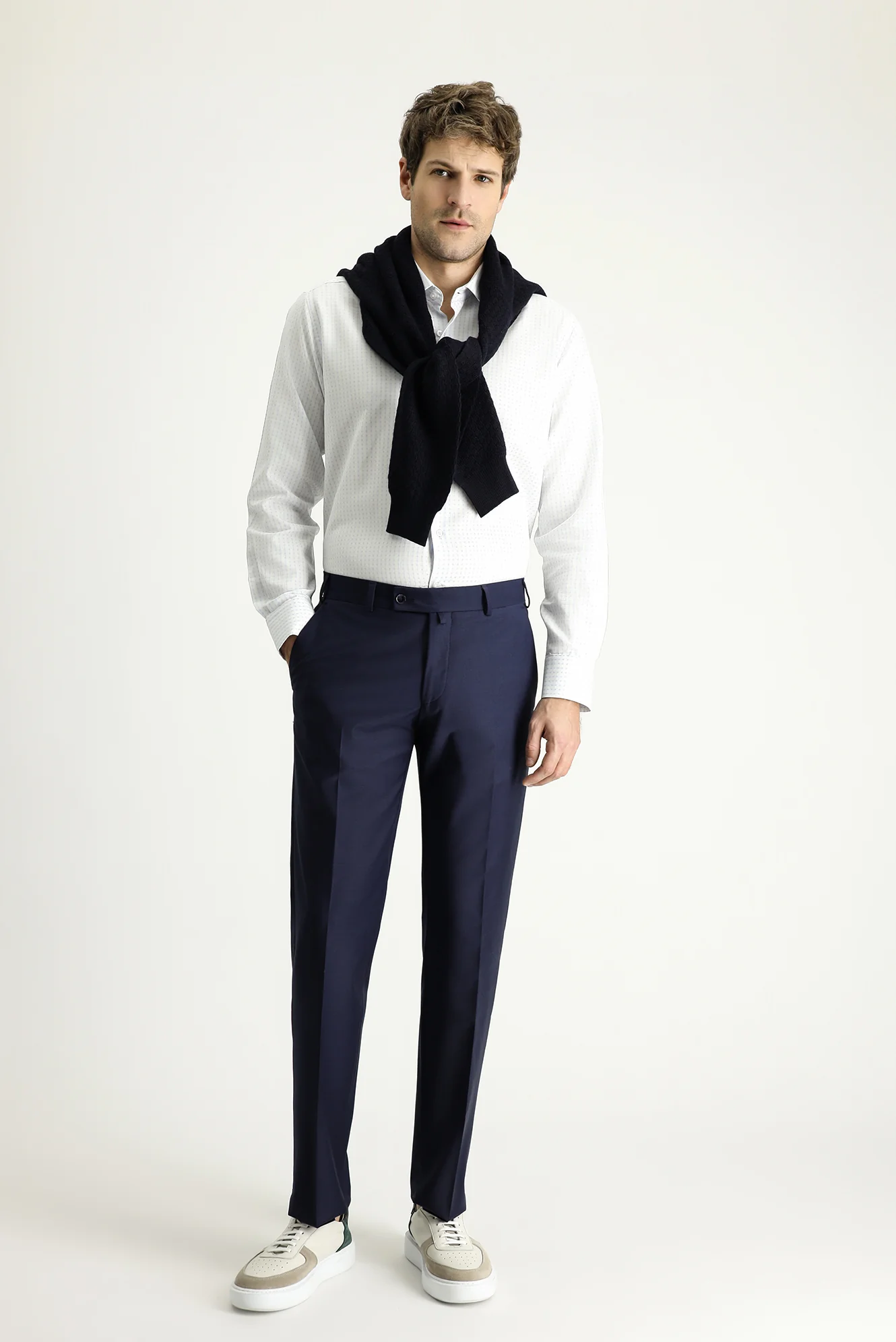 Koyu Lacivert 7 Drop Slim Fit Dar Kesim Yünlü Klasik Kumaş Pantolon