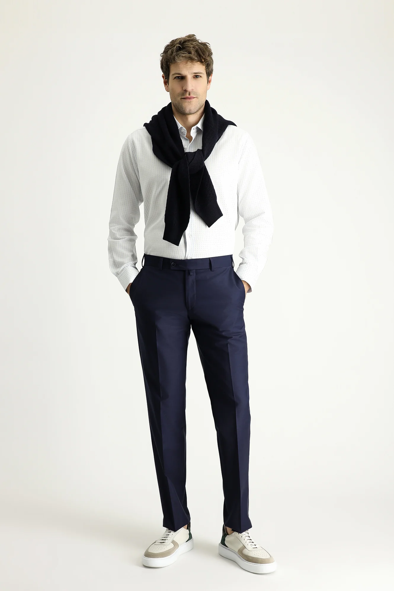 Koyu Lacivert 7 Drop Slim Fit Dar Kesim Yünlü Klasik Kumaş Pantolon - Image 2