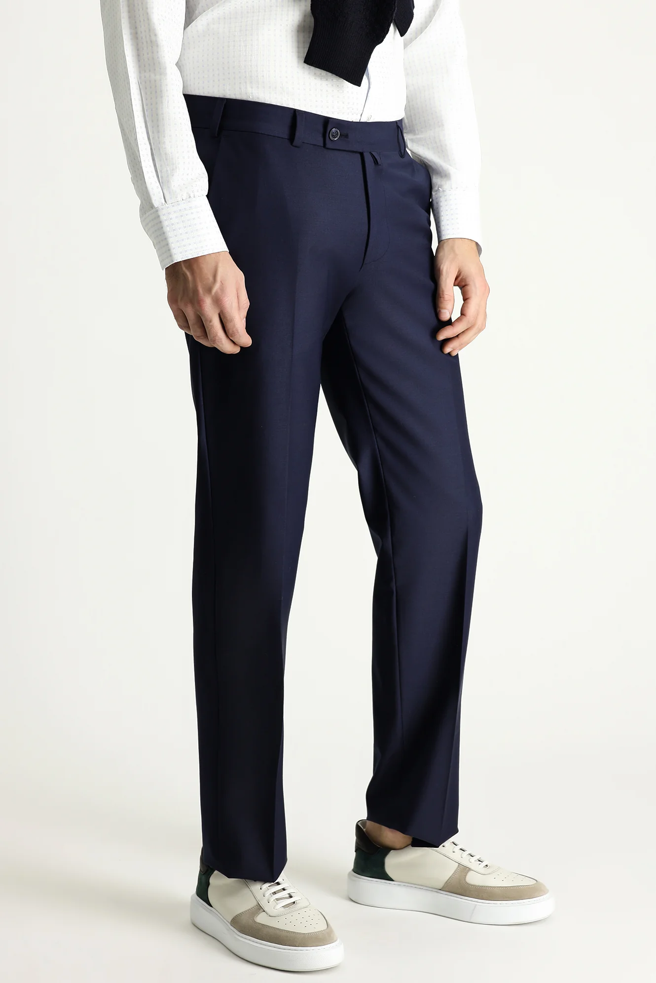 Koyu Lacivert 7 Drop Slim Fit Dar Kesim Yünlü Klasik Kumaş Pantolon - Image 3