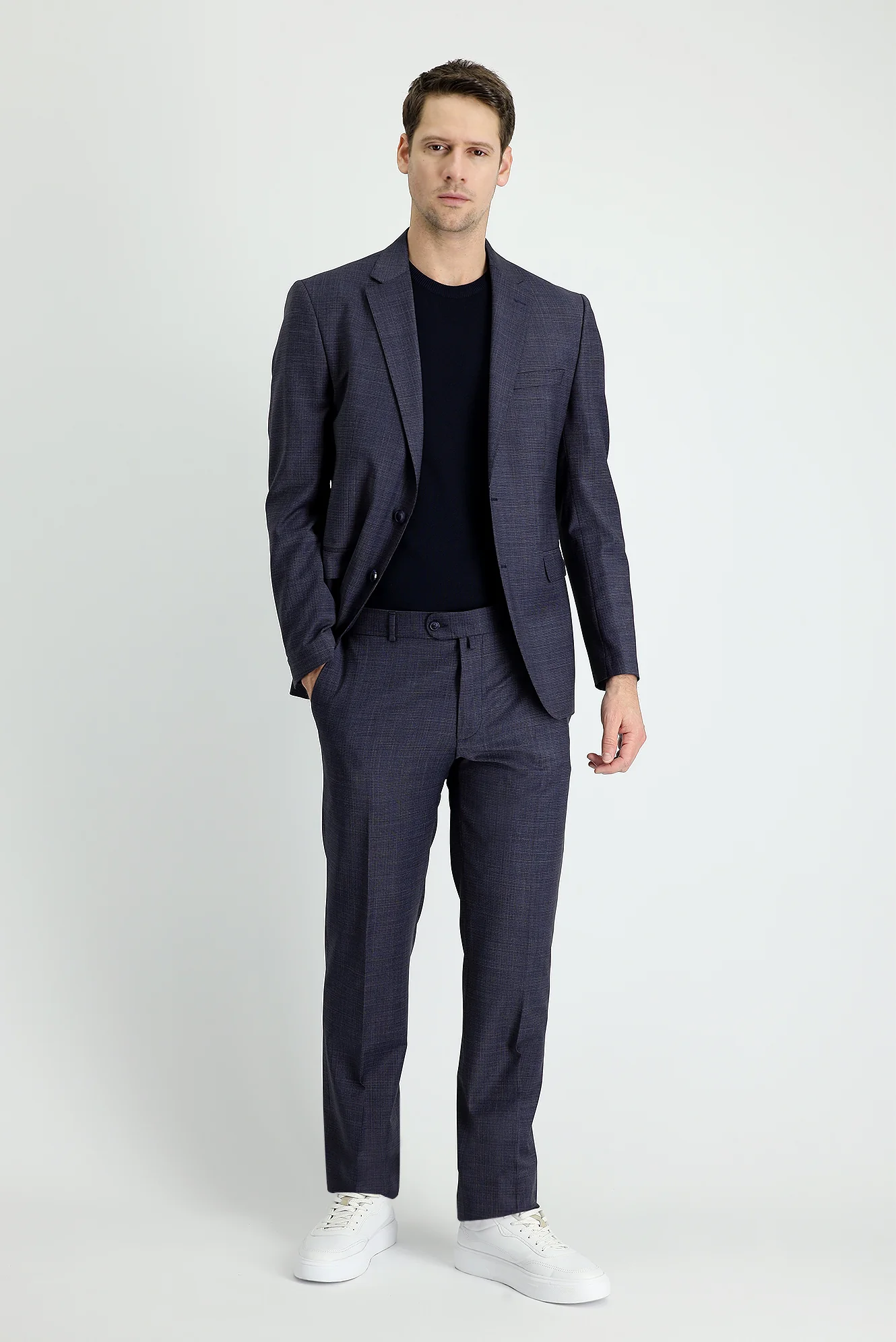 Koyu Lacivert 7 Drop Slim Fit Dar Kesim Yünlü Takım Elbise