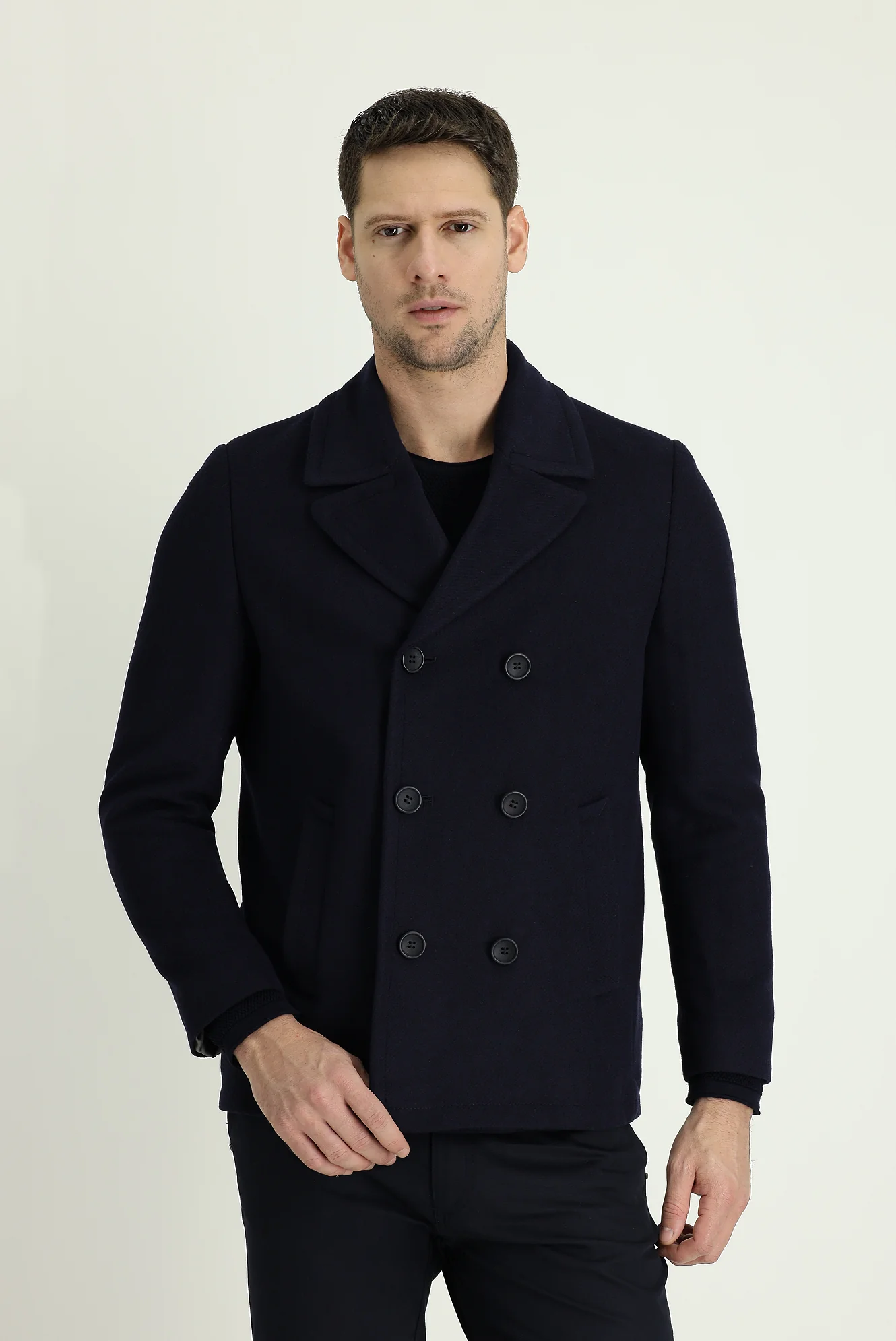 Koyu Lacivert Slim Fit Dar Kesim Yünlü Kruvaze Kaban - Image 2