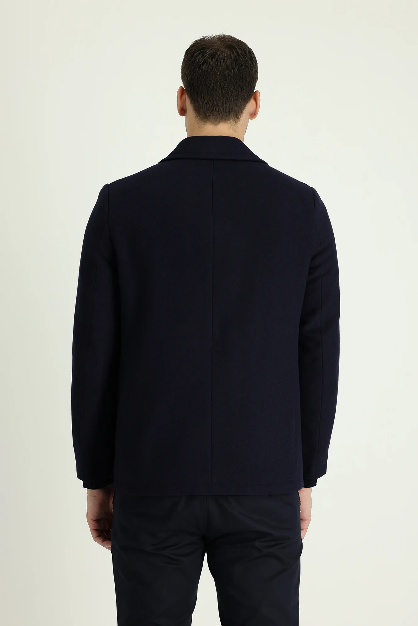 Koyu Lacivert Slim Fit Dar Kesim Yünlü Kruvaze Kaban - Image 3