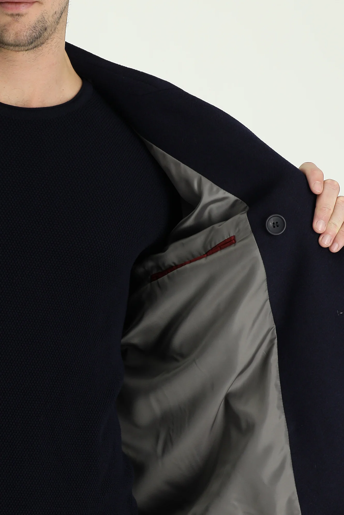 Koyu Lacivert Slim Fit Dar Kesim Yünlü Kruvaze Kaban - Image 5