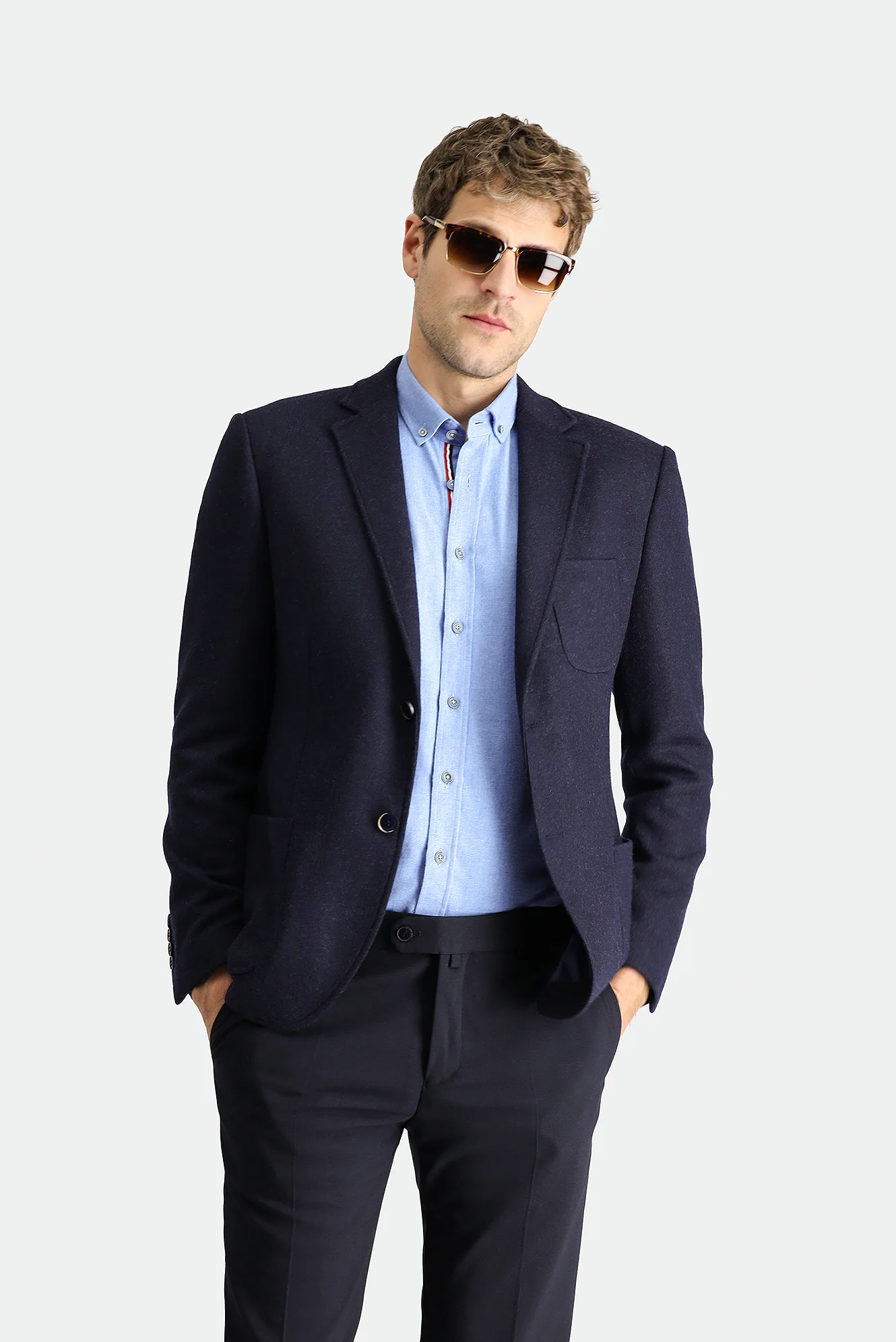 Koyu Lacivert 7 Drop Slim Fit Dar Kesim Yünlü Spor Örme Ceket
