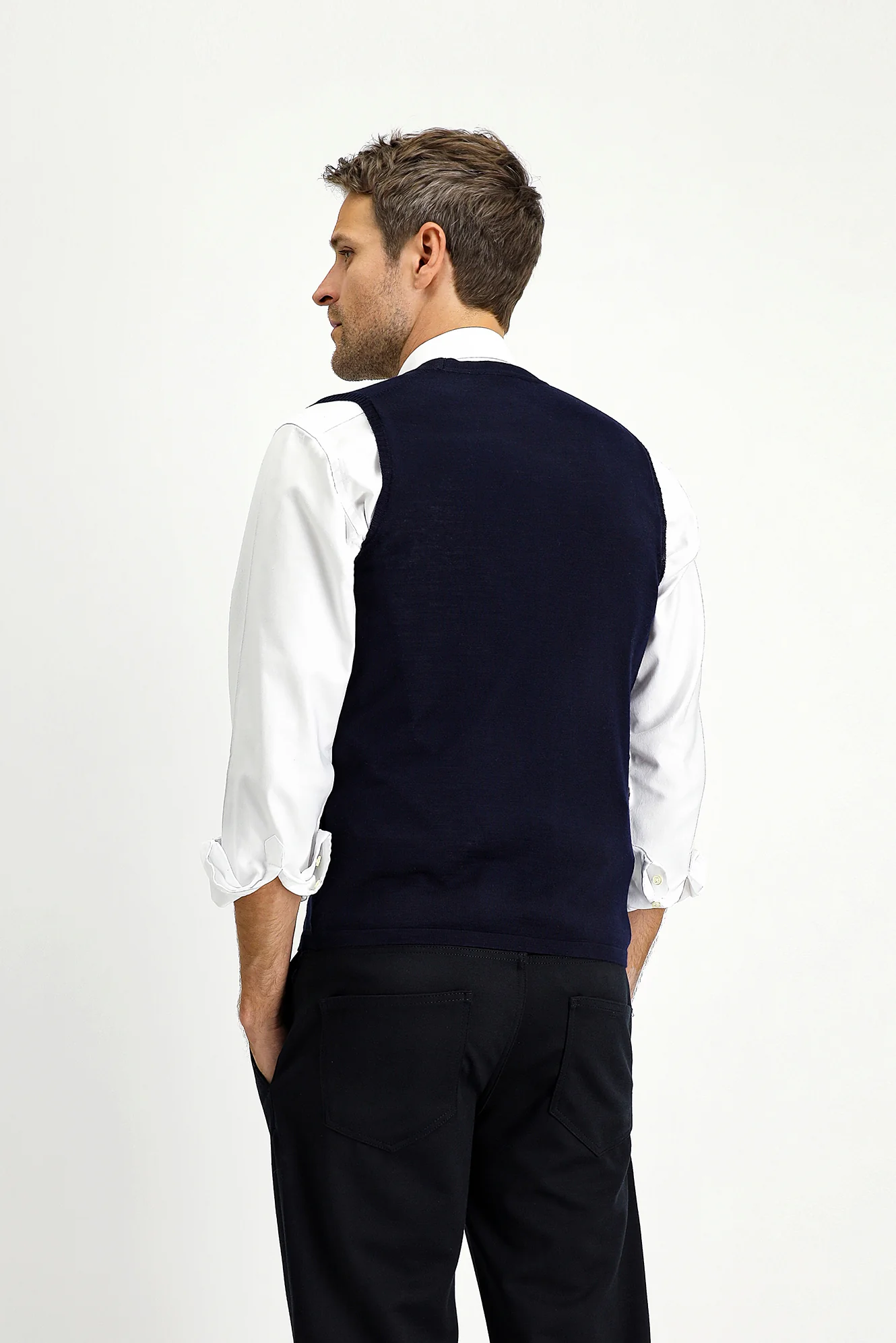 Koyu Lacivert Slim Fit Dar Kesim Yünlü Triko Yelek - Image 4