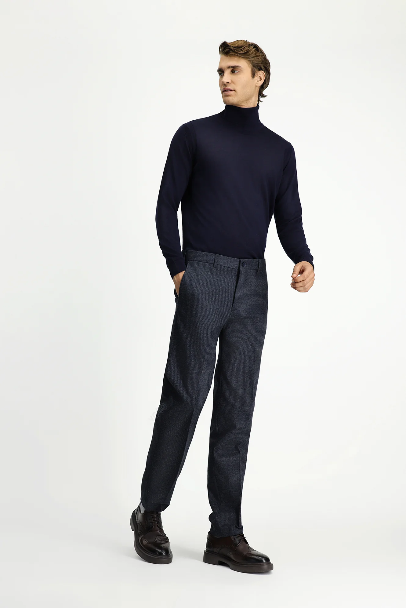 Koyu Lacivert 7 Drop Slim Fit Dar Kesim Desenli Flanel Klasik Pantolon - Image 3