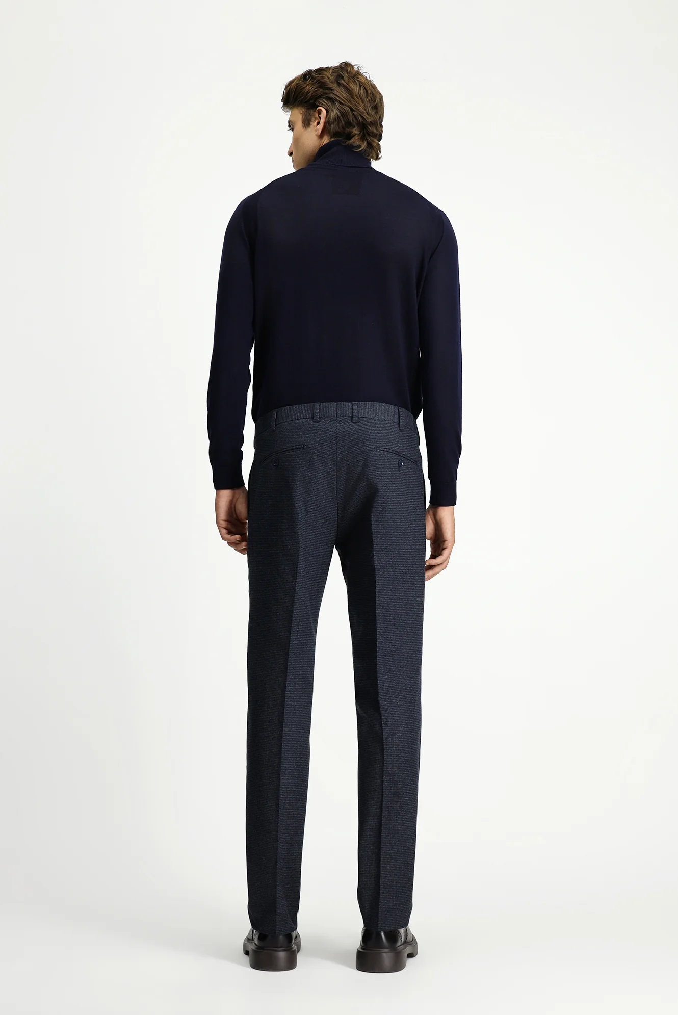 Koyu Lacivert 7 Drop Slim Fit Dar Kesim Desenli Flanel Klasik Pantolon - Image 5