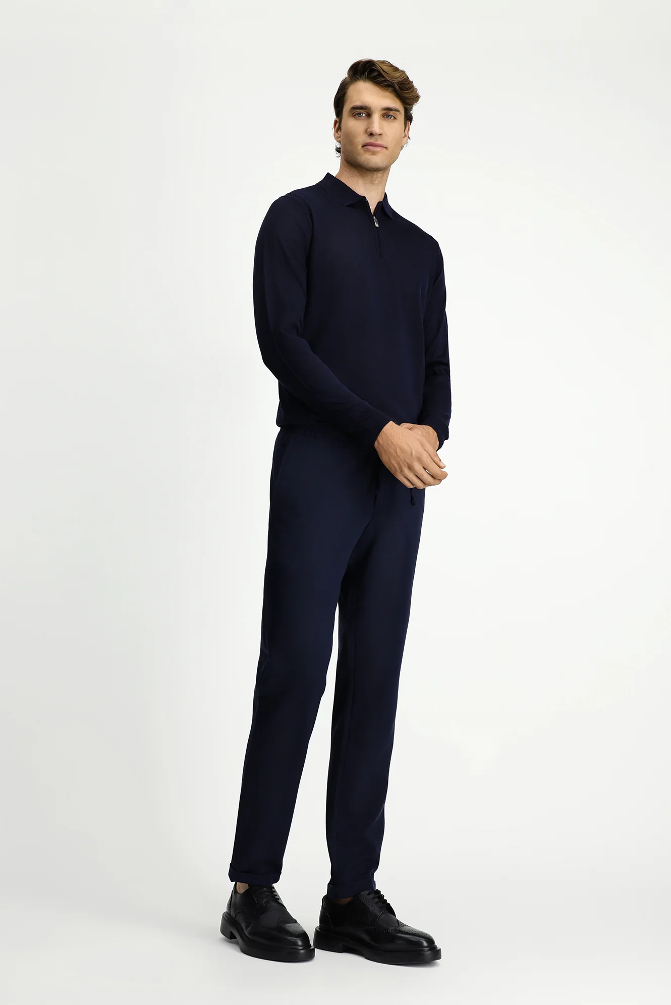 Koyu Lacivert 7 Drop Slim Fit Dar Kesim Likralı Beli Lastikli İpli Klasik Kumaş Pantolon - Image 3